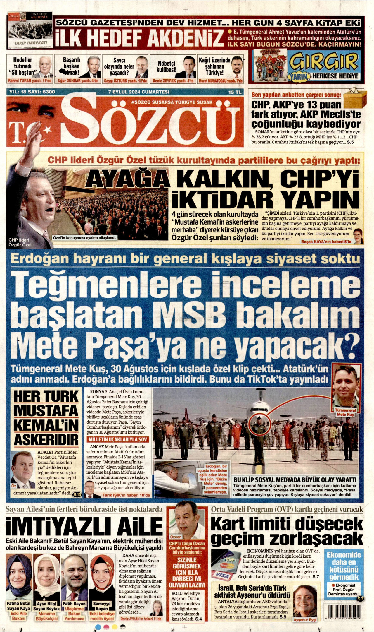 SÖZCÜ gazetesinin 7 Eylül 2024 tarihli birinci sayfası