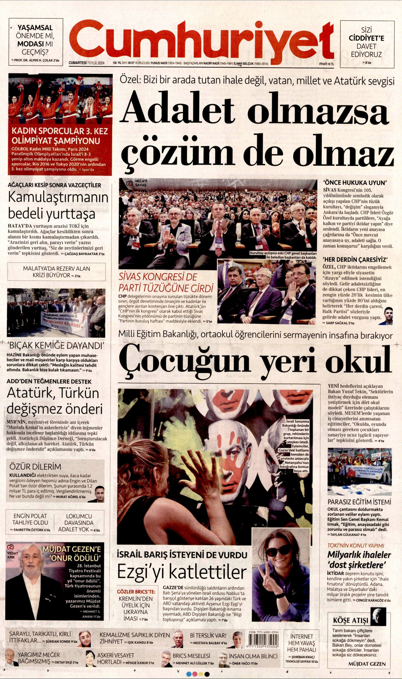 CUMHURİYET gazetesinin 7 Eylül 2024 tarihli birinci sayfası
