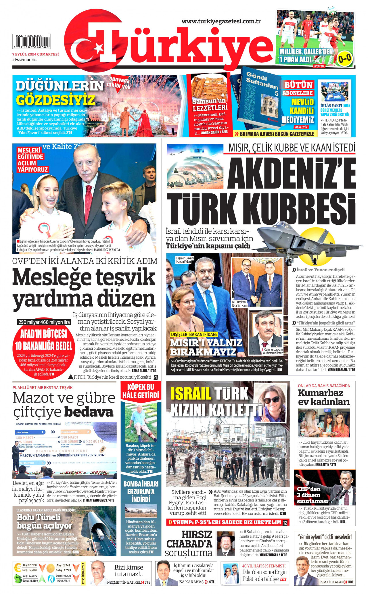 TÜRKİYE GAZETESİ gazetesinin 7 Eylül 2024 tarihli birinci sayfası