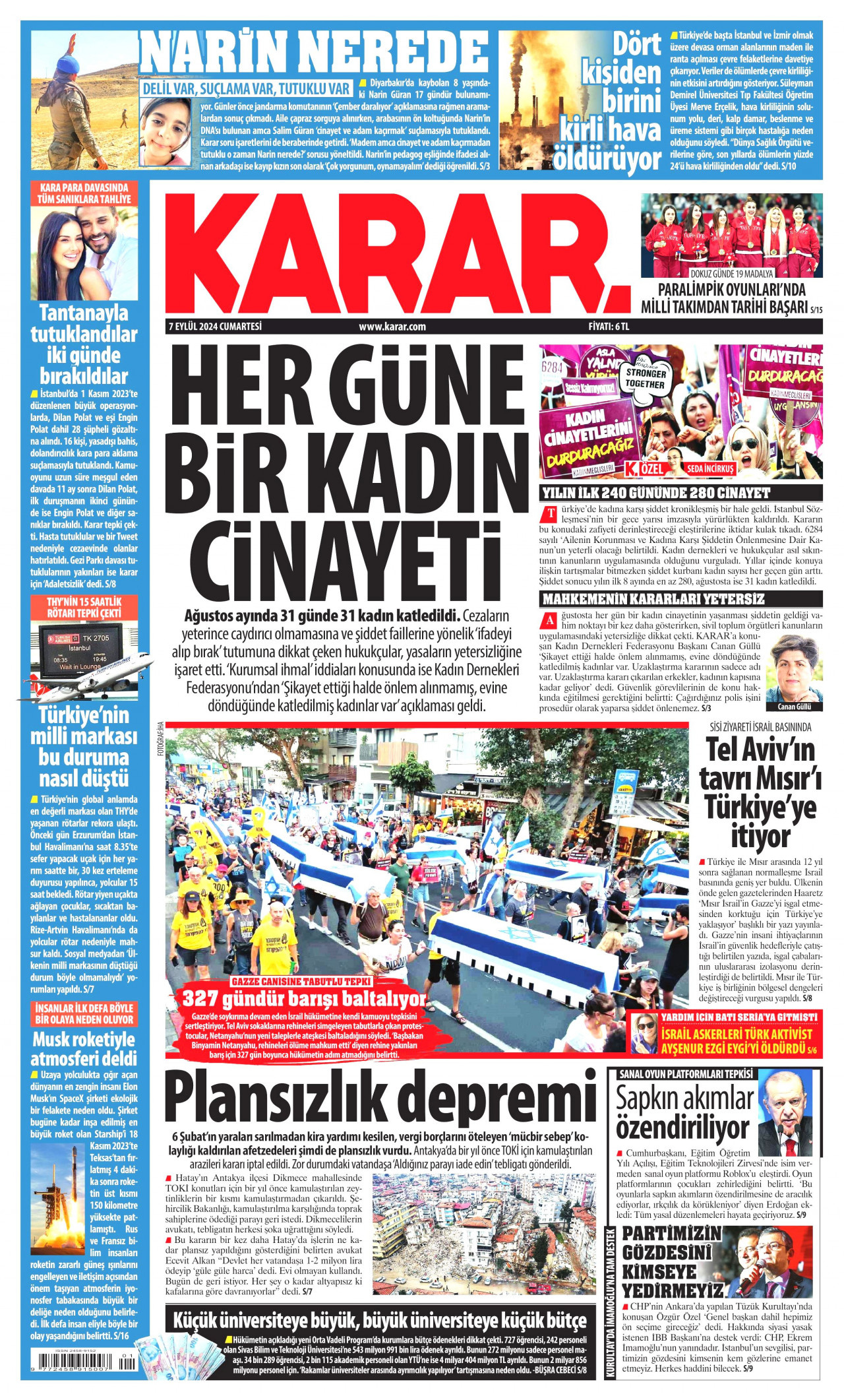 KARAR gazetesinin 7 Eylül 2024 tarihli birinci sayfası