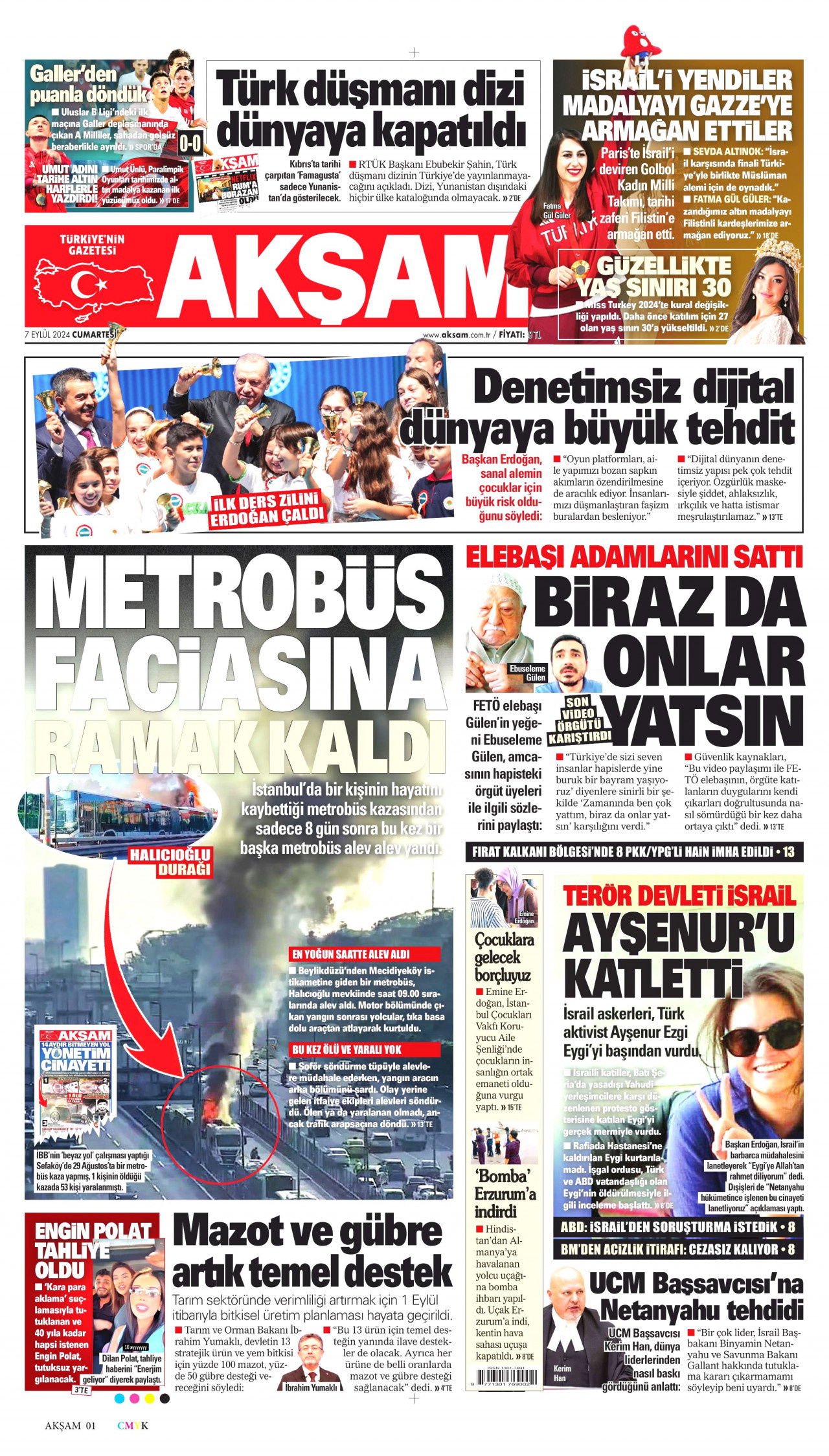 AKŞAM gazetesinin 7 Eylül 2024 tarihli birinci sayfası