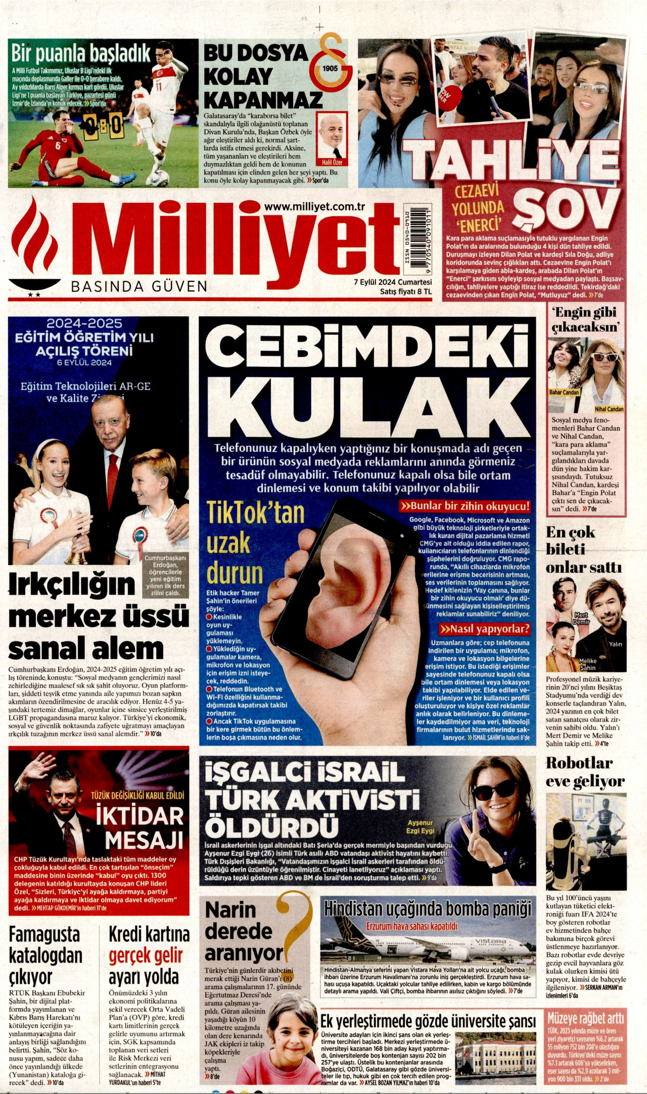 MİLLİYET gazetesinin 7 Eylül 2024 tarihli birinci sayfası