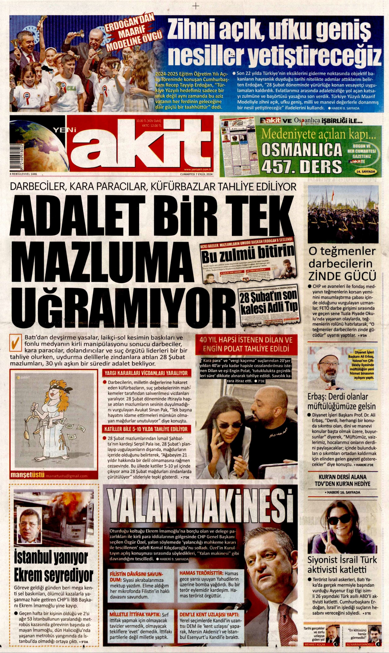 YENİ AKİT gazetesinin 7 Eylül 2024 tarihli birinci sayfası