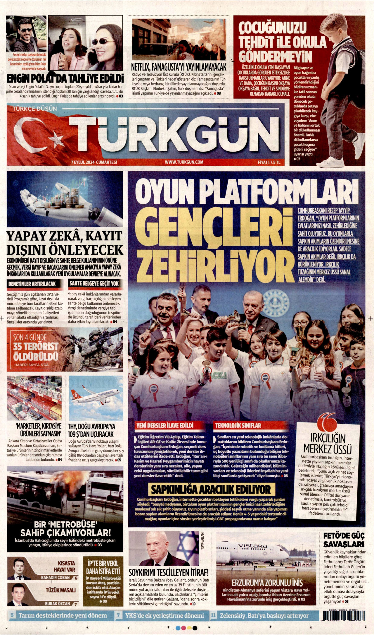 TÜRKGÜN gazetesinin 7 Eylül 2024 tarihli birinci sayfası