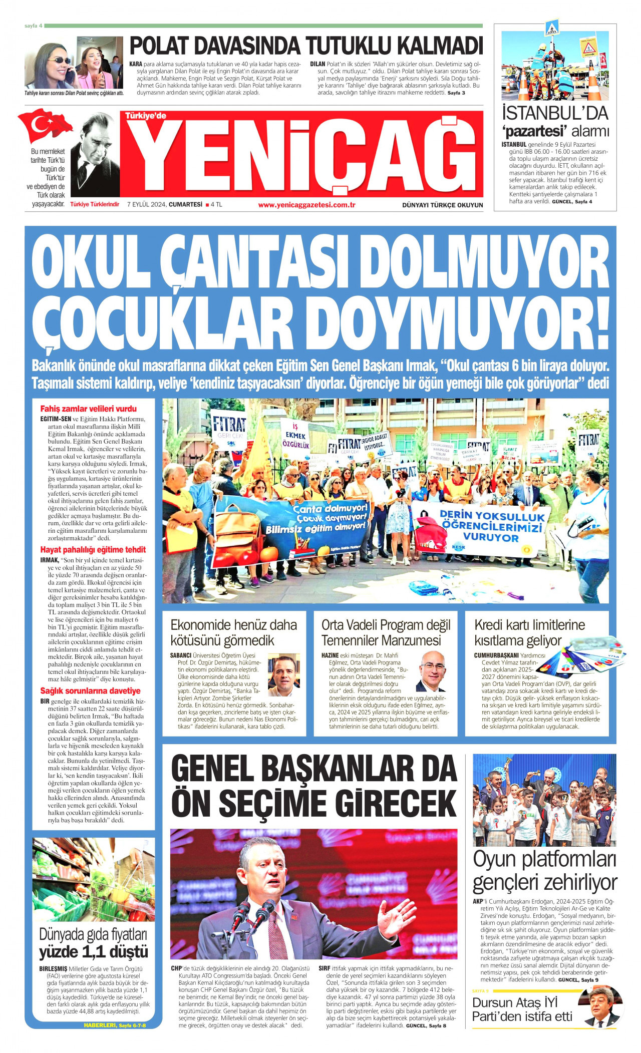 YENİÇAĞ gazetesinin 7 Eylül 2024 tarihli birinci sayfası