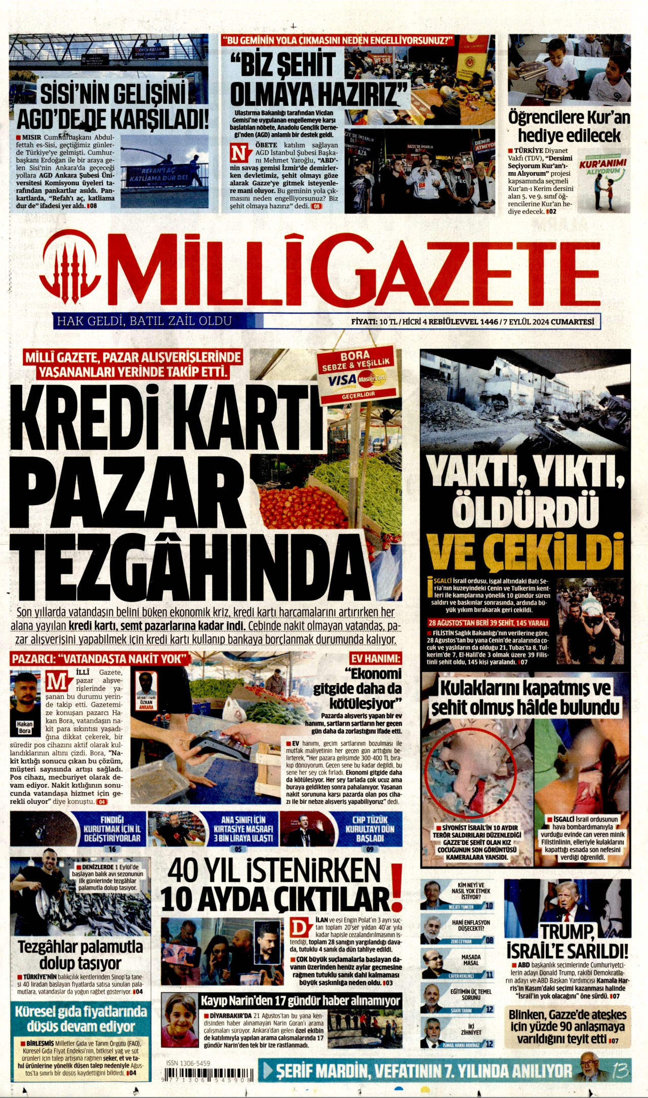MİLLİ GAZETE gazetesinin 7 Eylül 2024 tarihli birinci sayfası