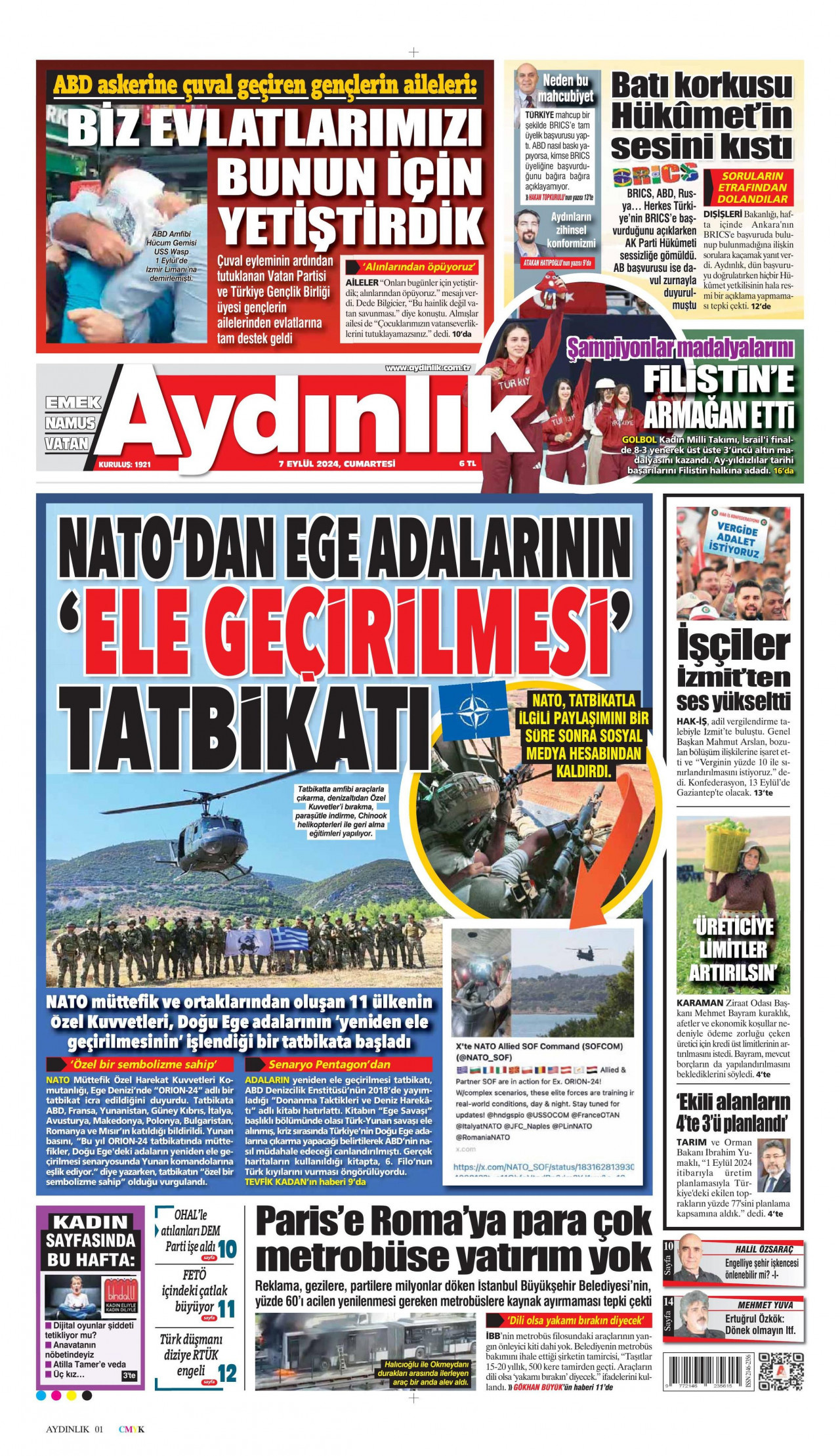 AYDINLIK GAZETESİ gazetesinin 7 Eylül 2024 tarihli birinci sayfası