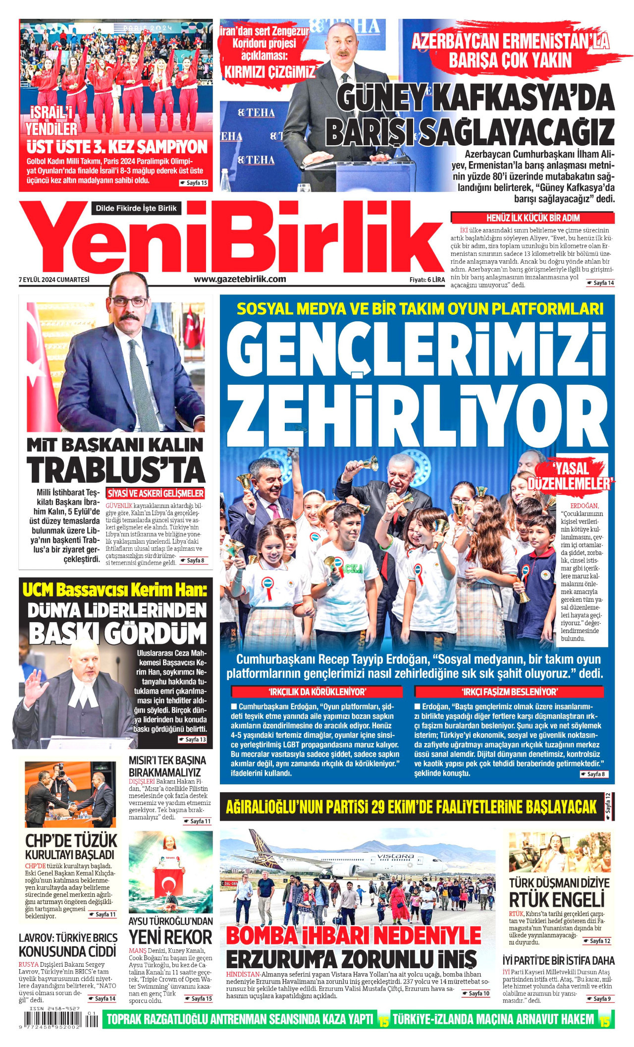 YENİBİRLİK gazetesinin 7 Eylül 2024 tarihli birinci sayfası