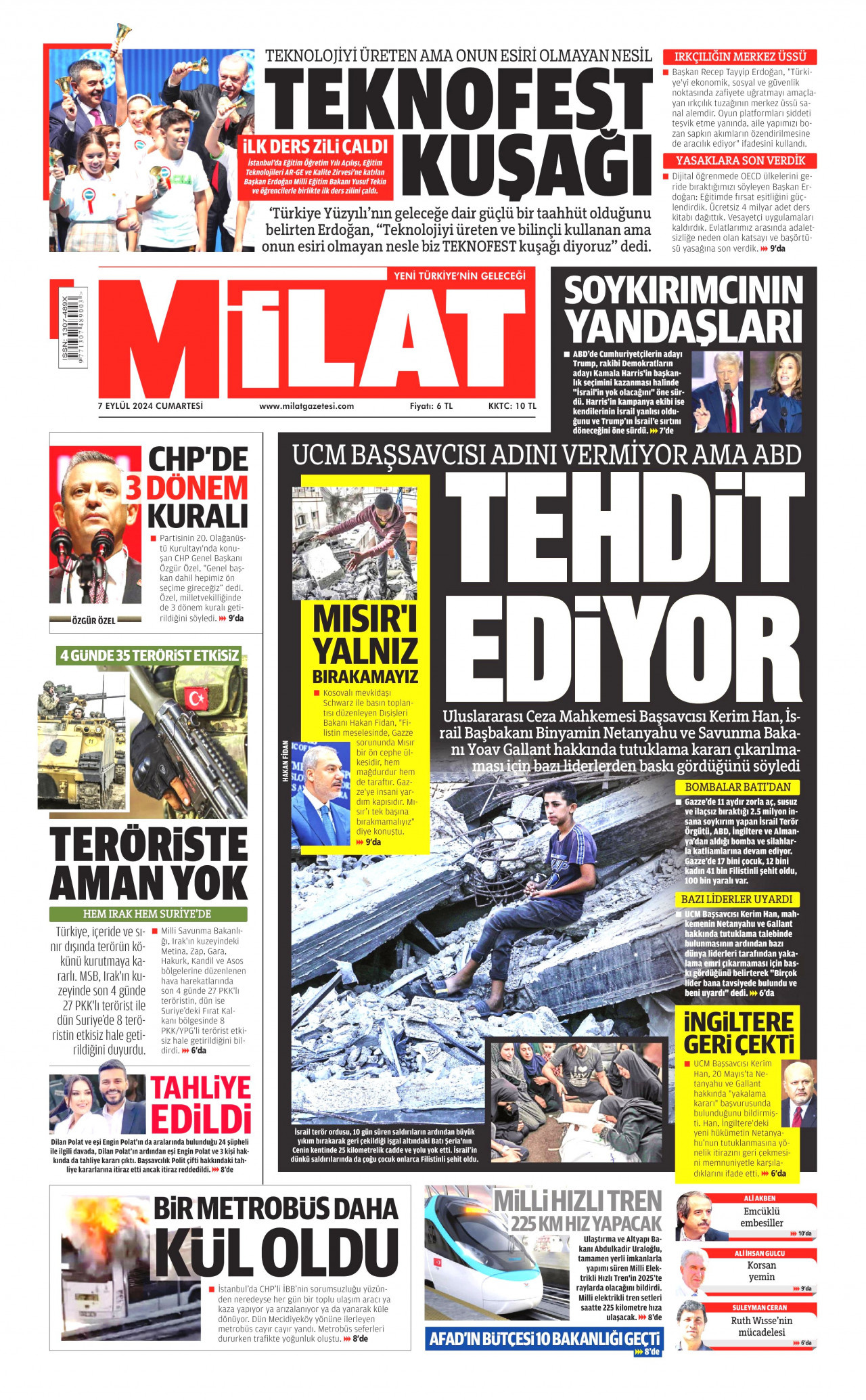 MİLAT gazetesinin 7 Eylül 2024 tarihli birinci sayfası