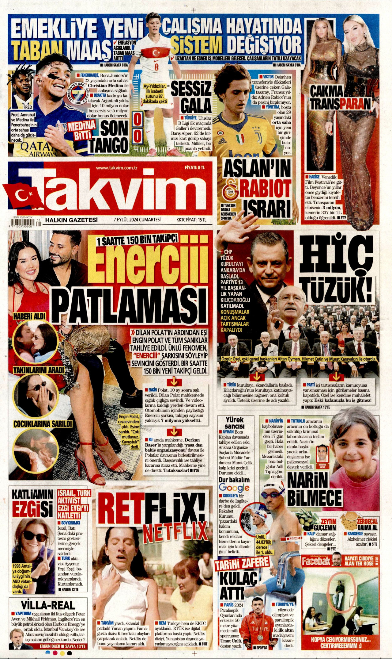 TAKVİM gazetesinin 7 Eylül 2024 tarihli birinci sayfası
