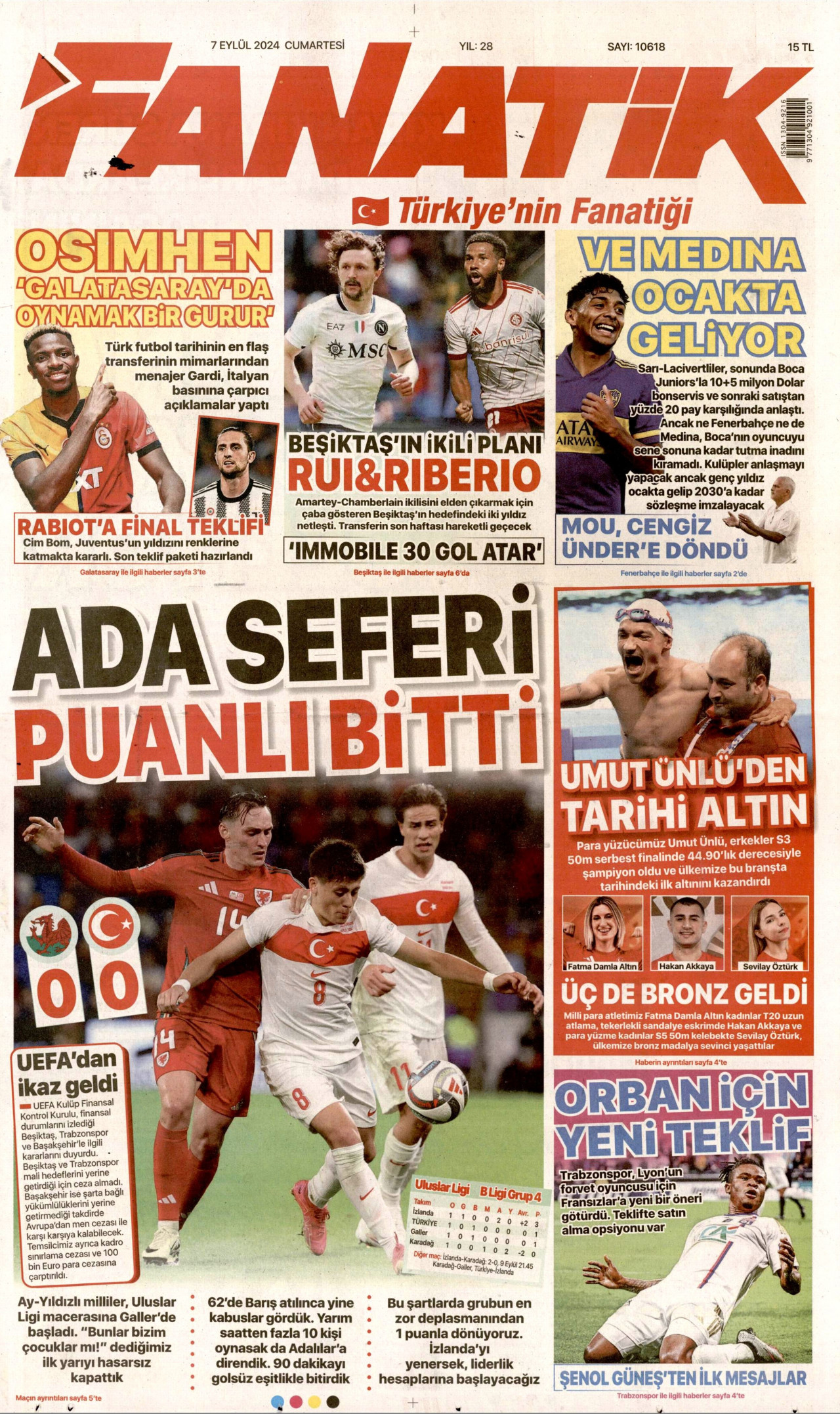 FANATİK gazetesinin 7 Eylül 2024 tarihli birinci sayfası