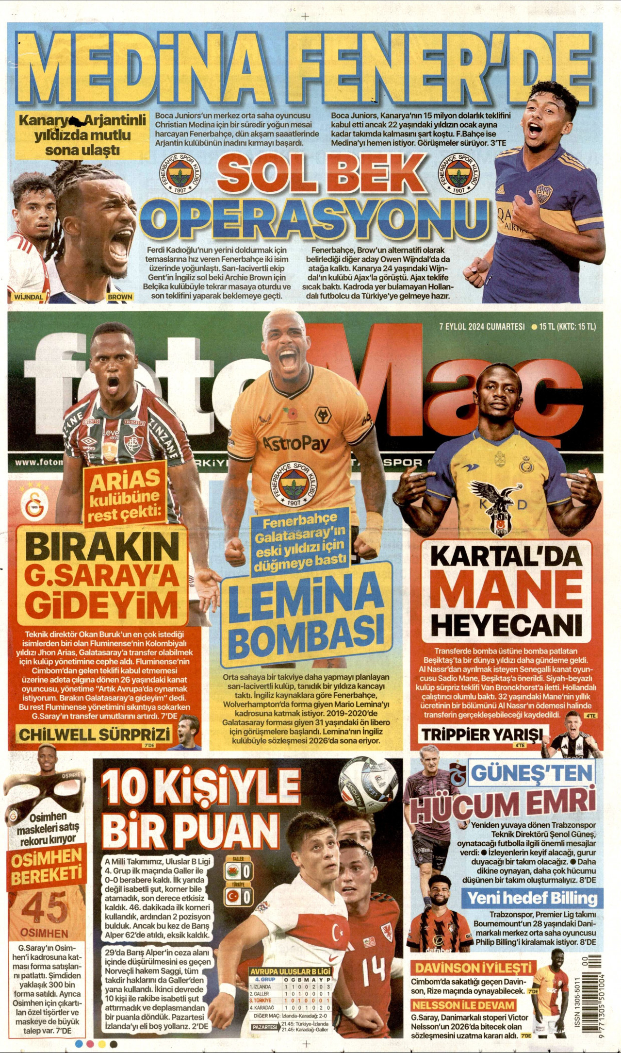FOTOMAÇ gazetesinin 7 Eylül 2024 tarihli birinci sayfası