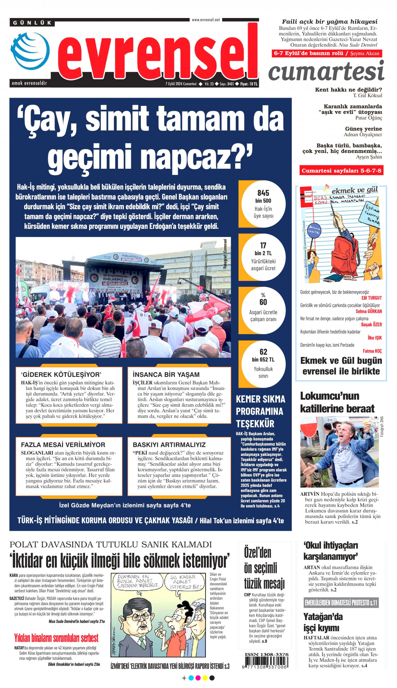 EVRENSEL gazetesinin 7 Eylül 2024 tarihli birinci sayfası