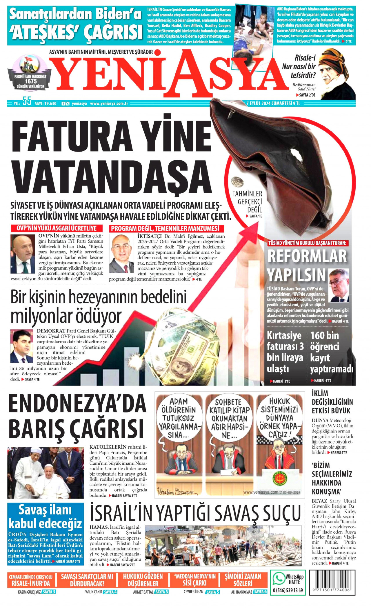 YENİ ASYA gazetesinin 7 Eylül 2024 tarihli birinci sayfası