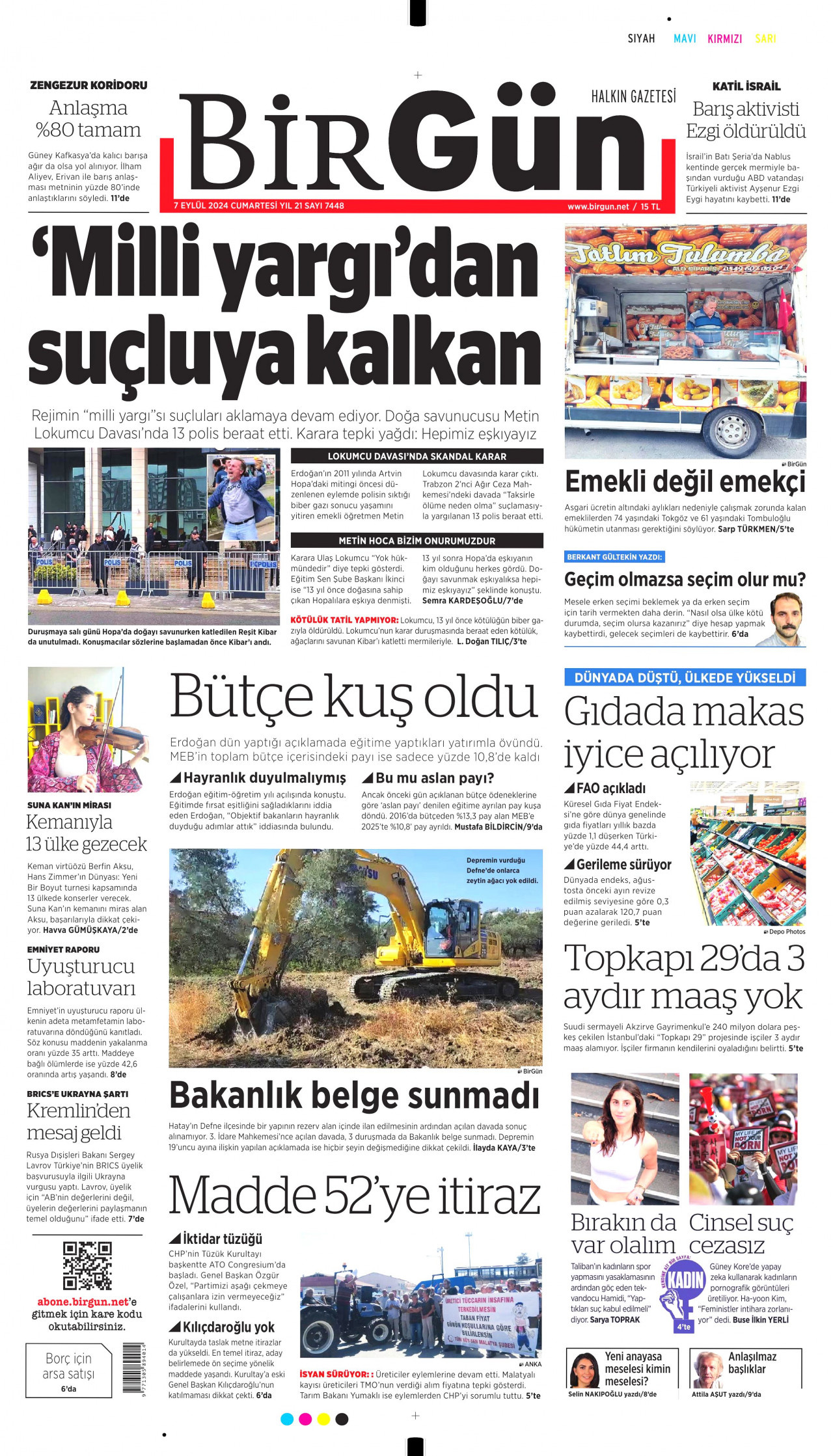 BİRGÜN gazetesinin 7 Eylül 2024 tarihli birinci sayfası