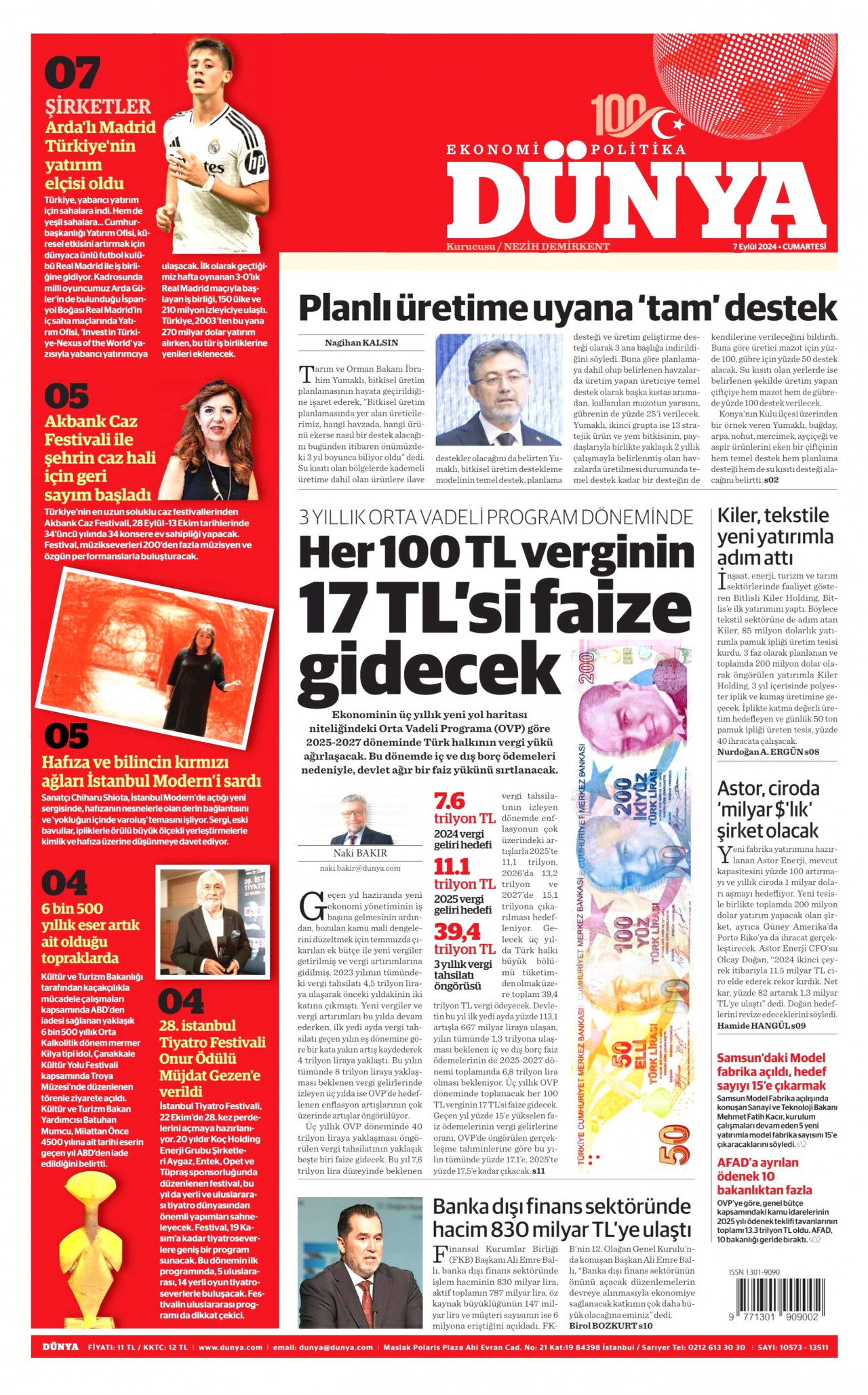 DÜNYA gazetesinin 7 Eylül 2024 tarihli birinci sayfası