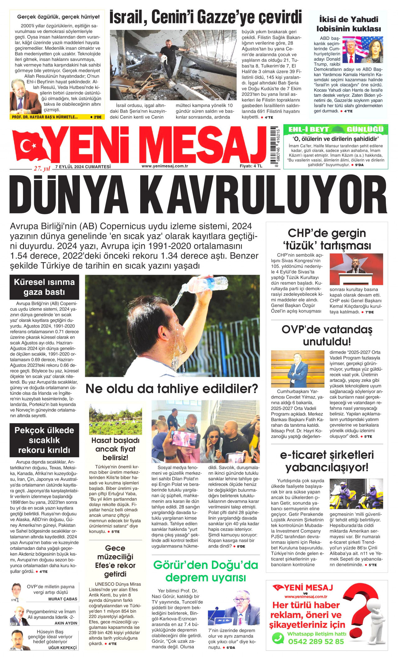 YENİ MESAJ gazetesinin 7 Eylül 2024 tarihli birinci sayfası