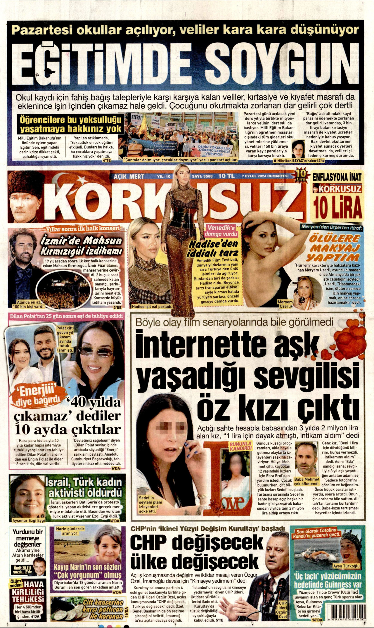 KORKUSUZ gazetesinin 7 Eylül 2024 tarihli birinci sayfası