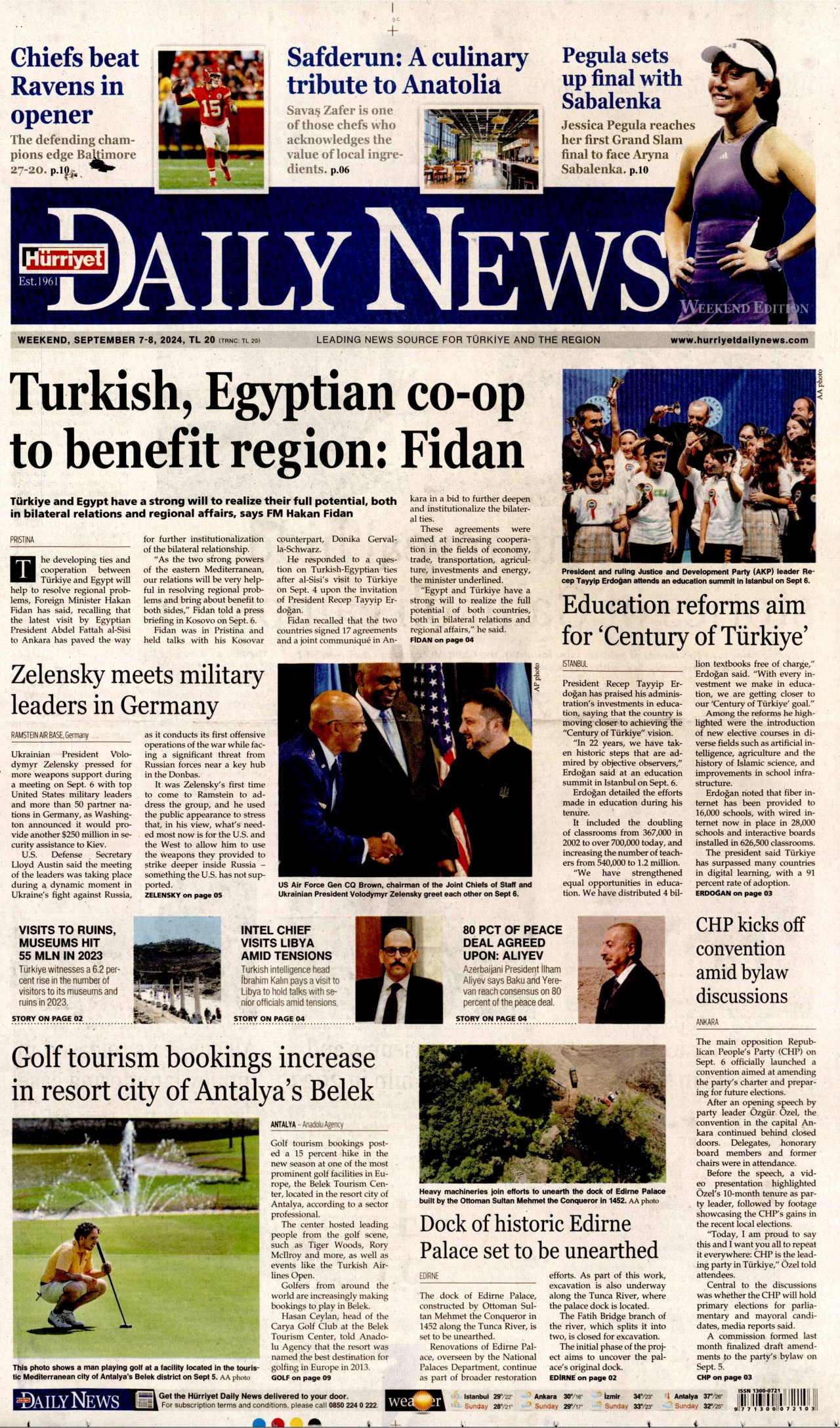 HÜRRİYET DAİLY NEWS gazetesinin 7 Eylül 2024 tarihli birinci sayfası