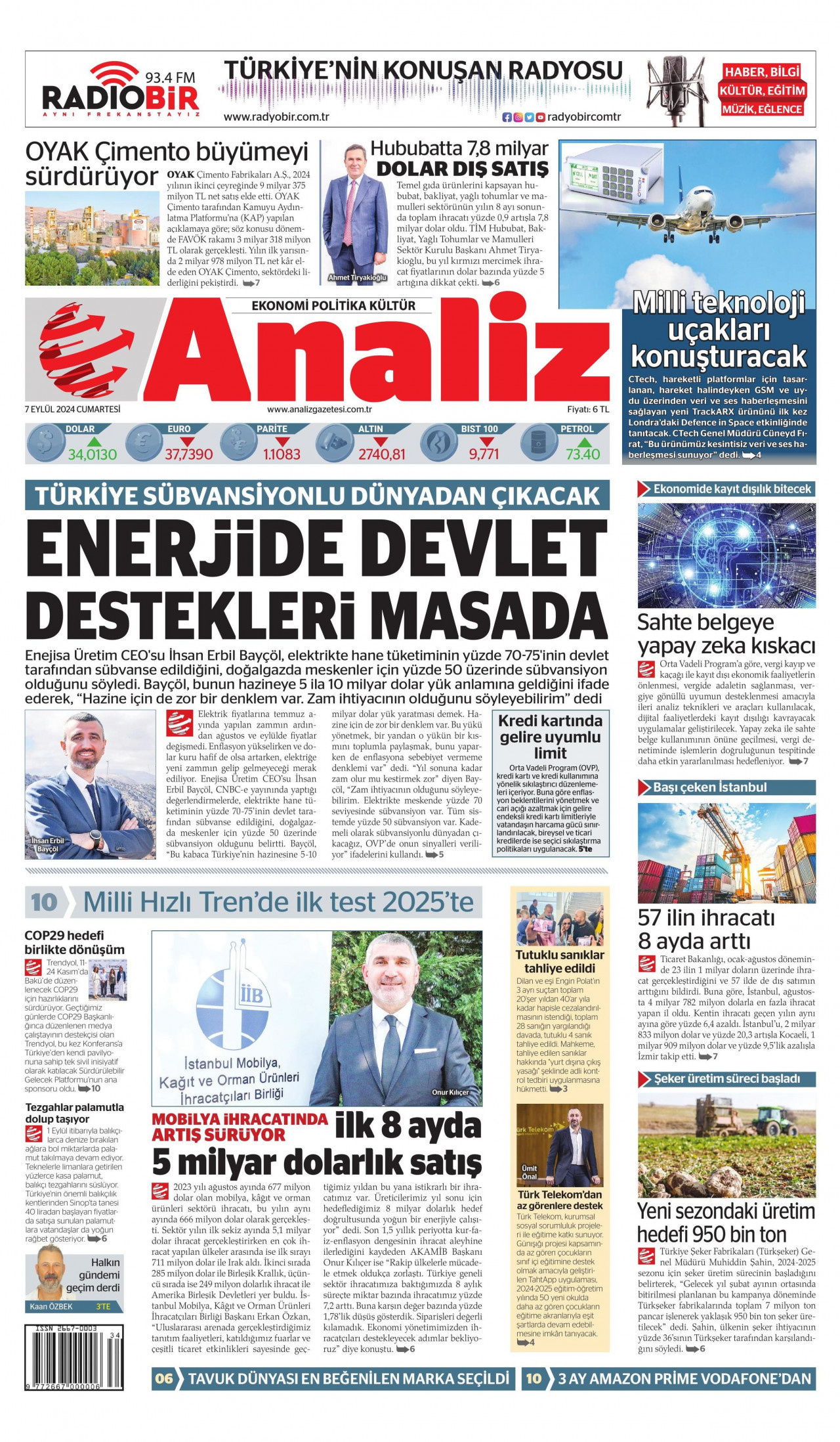 ANALİZ gazetesinin 7 Eylül 2024 tarihli birinci sayfası