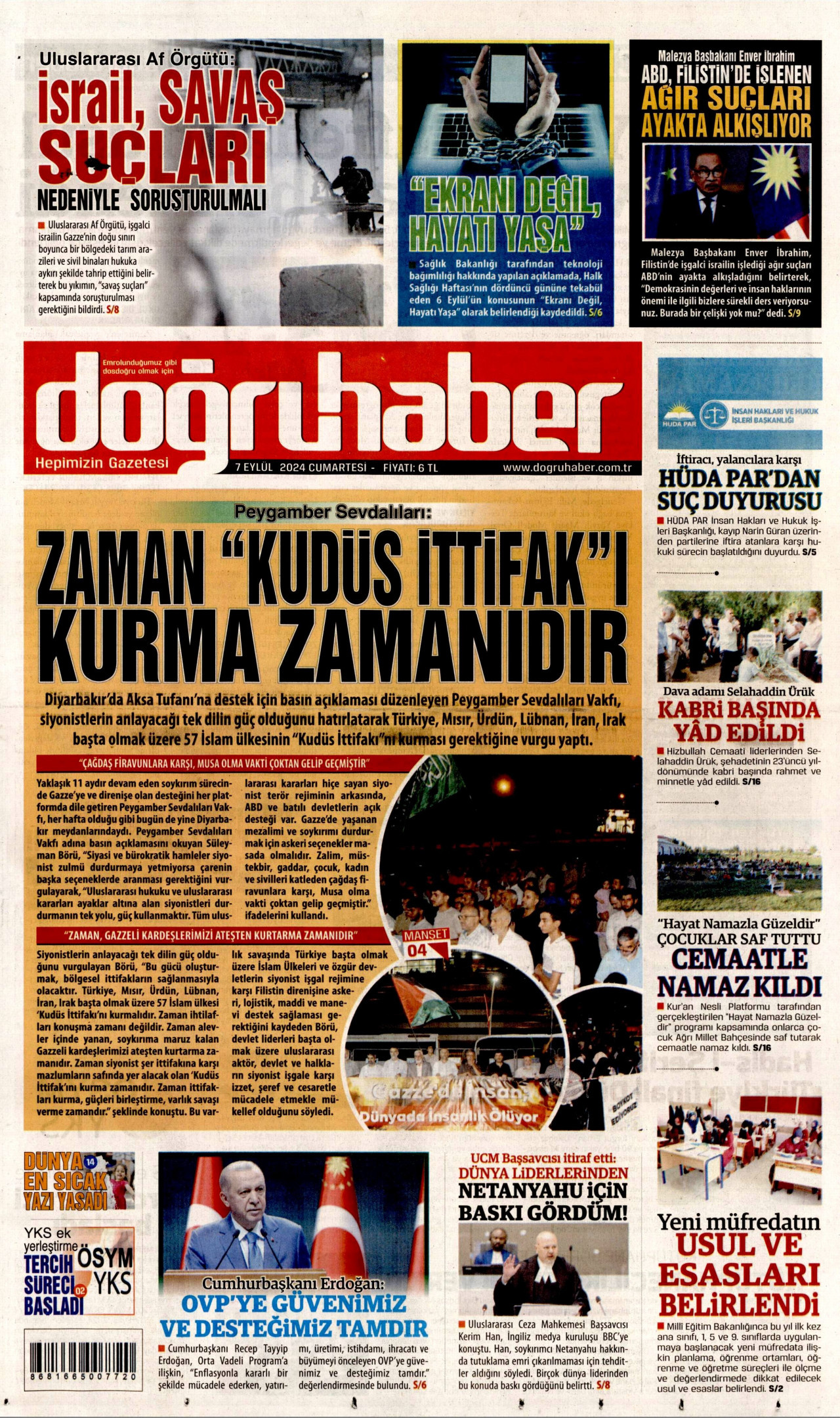 DOĞRU HABER gazetesinin 7 Eylül 2024 tarihli birinci sayfası
