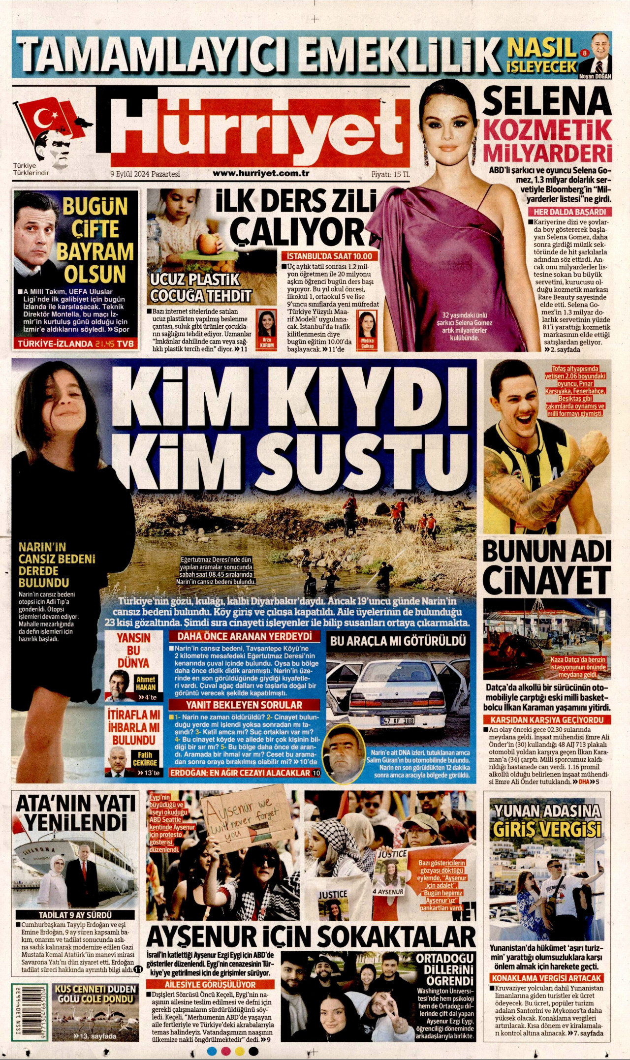 HÜRRİYET gazetesinin 9 Eylül 2024 tarihli birinci sayfası