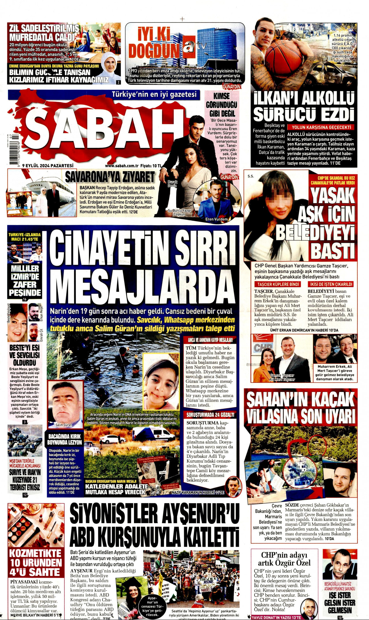 SABAH gazetesinin 9 Eylül 2024 tarihli birinci sayfası