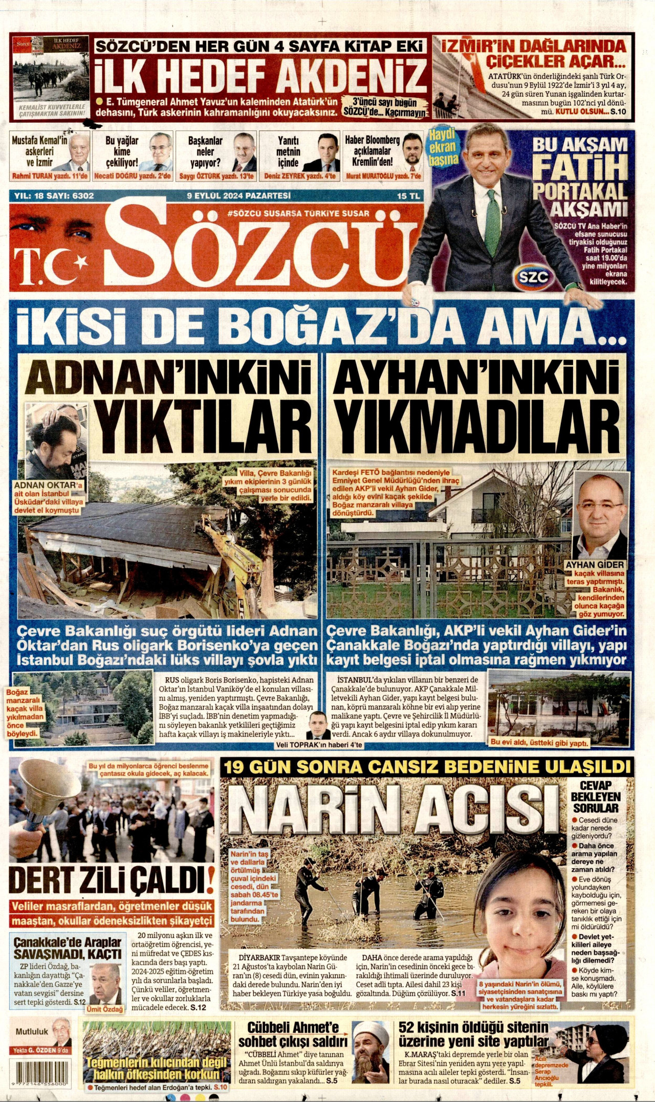 SÖZCÜ gazetesinin 9 Eylül 2024 tarihli birinci sayfası