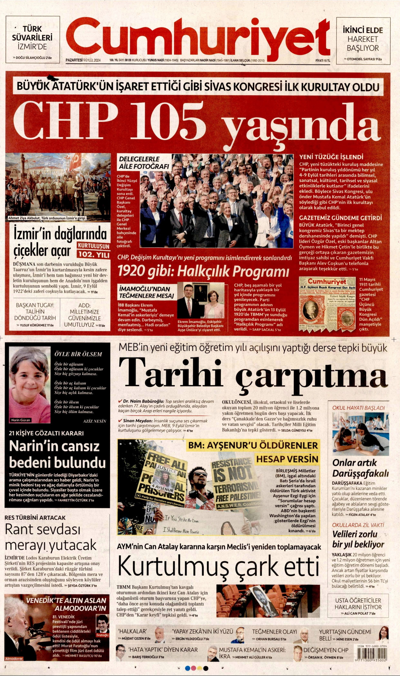 CUMHURİYET gazetesinin 9 Eylül 2024 tarihli birinci sayfası