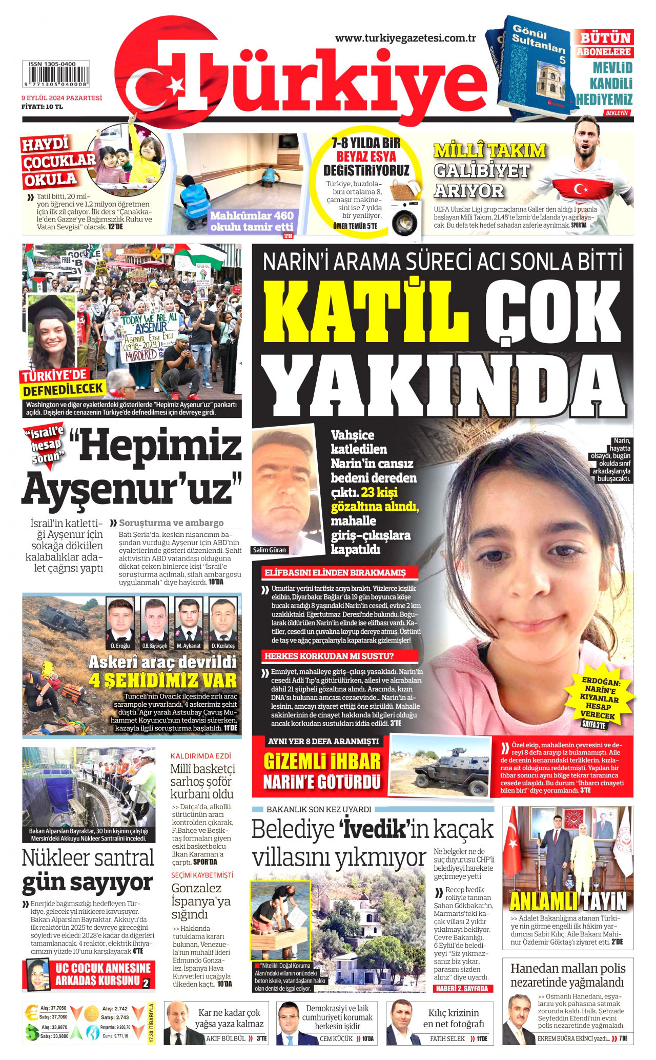 TÜRKİYE GAZETESİ gazetesinin 9 Eylül 2024 tarihli birinci sayfası