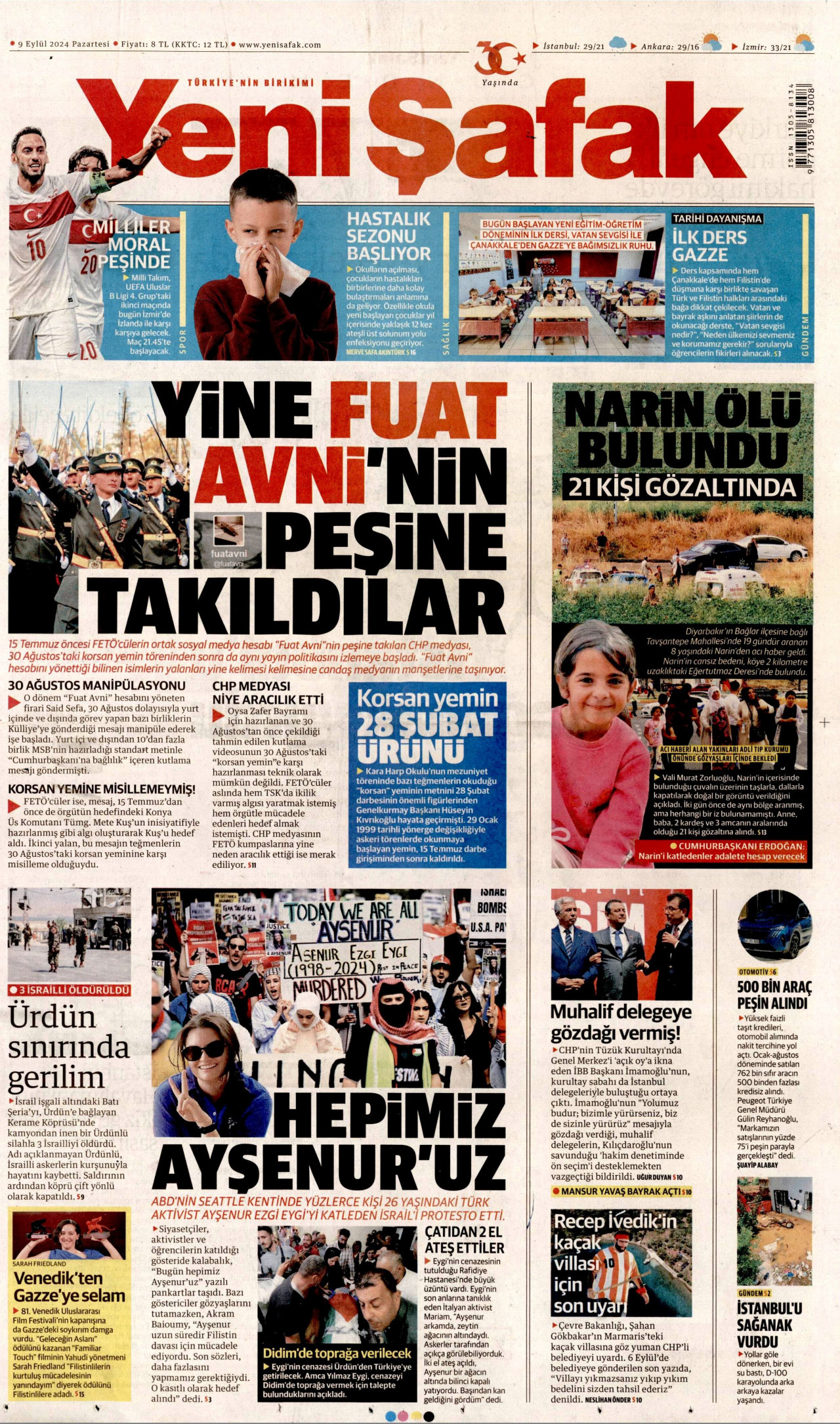YENİ ŞAFAK gazetesinin 9 Eylül 2024 tarihli birinci sayfası