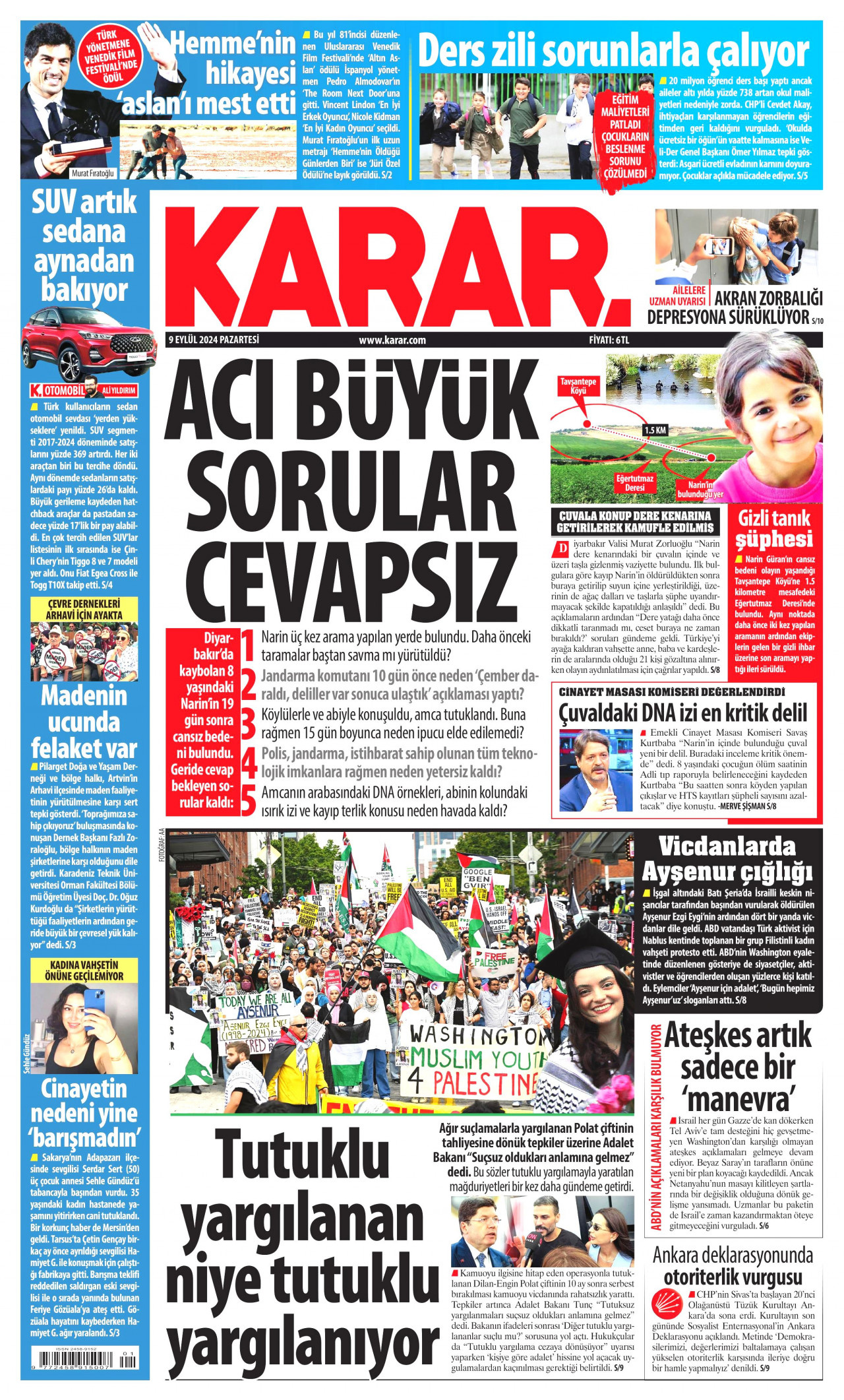 KARAR gazetesinin 9 Eylül 2024 tarihli birinci sayfası