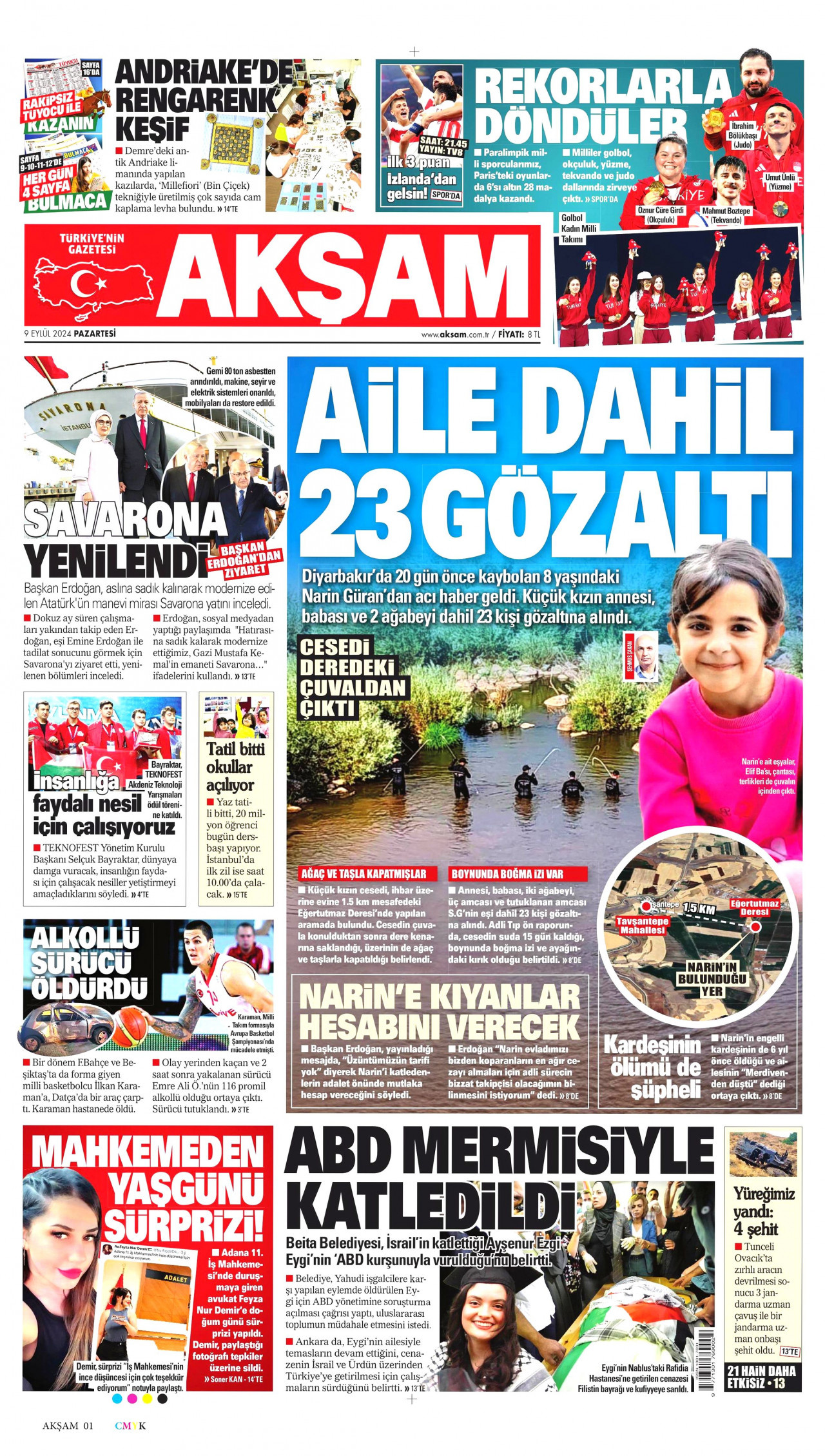 AKŞAM gazetesinin 9 Eylül 2024 tarihli birinci sayfası