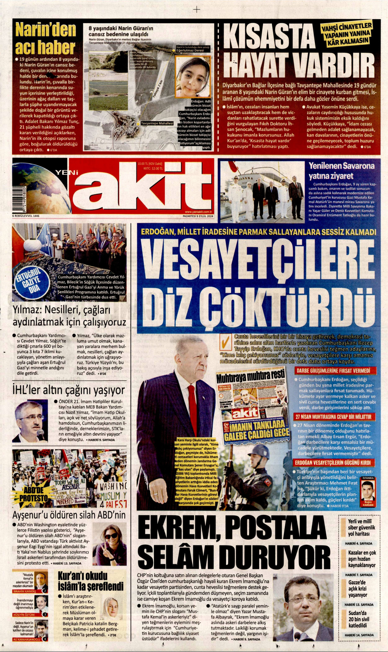 YENİ AKİT gazetesinin 9 Eylül 2024 tarihli birinci sayfası