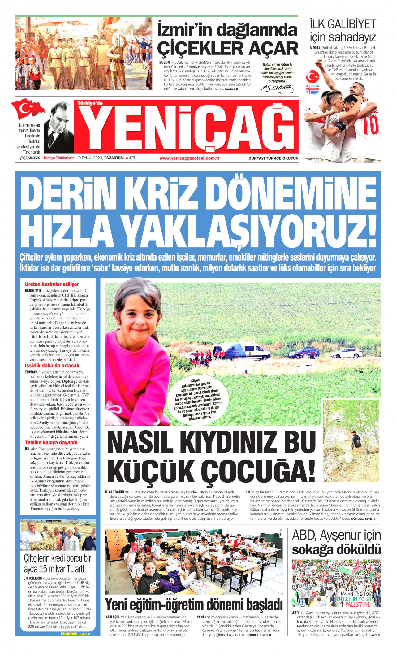 YENİÇAĞ gazetesinin 9 Eylül 2024 tarihli birinci sayfası