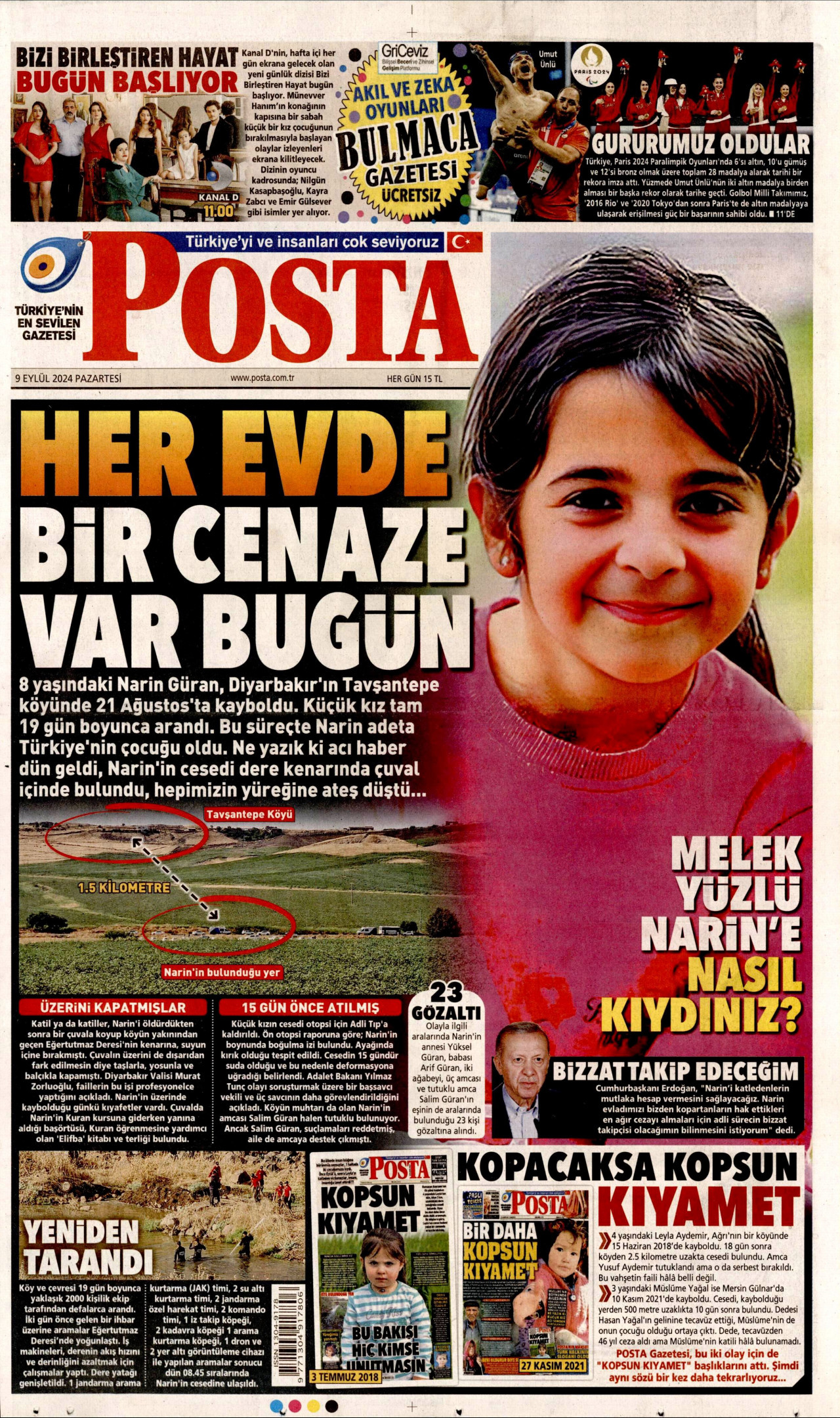 POSTA gazetesinin 9 Eylül 2024 tarihli birinci sayfası
