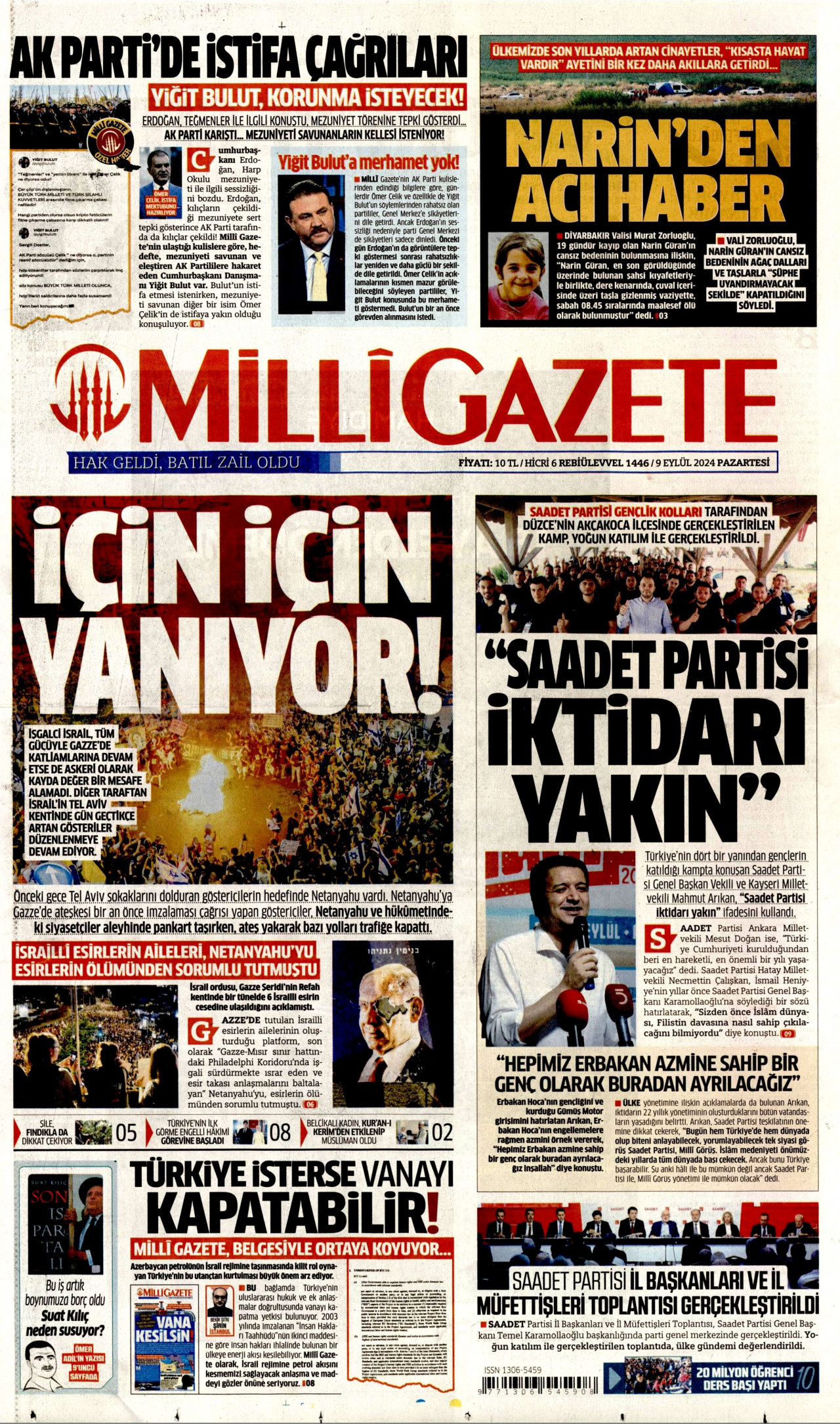 MİLLİ GAZETE gazetesinin 9 Eylül 2024 tarihli birinci sayfası
