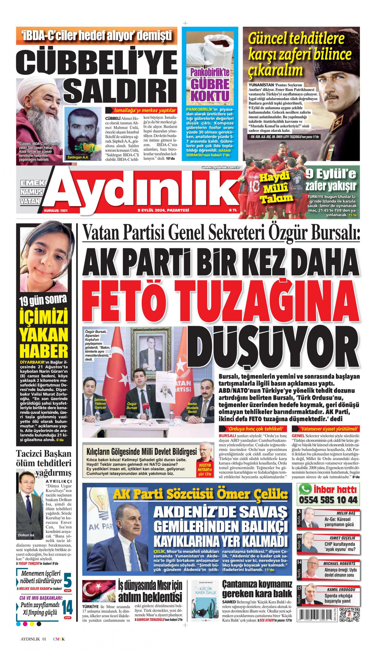 AYDINLIK GAZETESİ gazetesinin 9 Eylül 2024 tarihli birinci sayfası