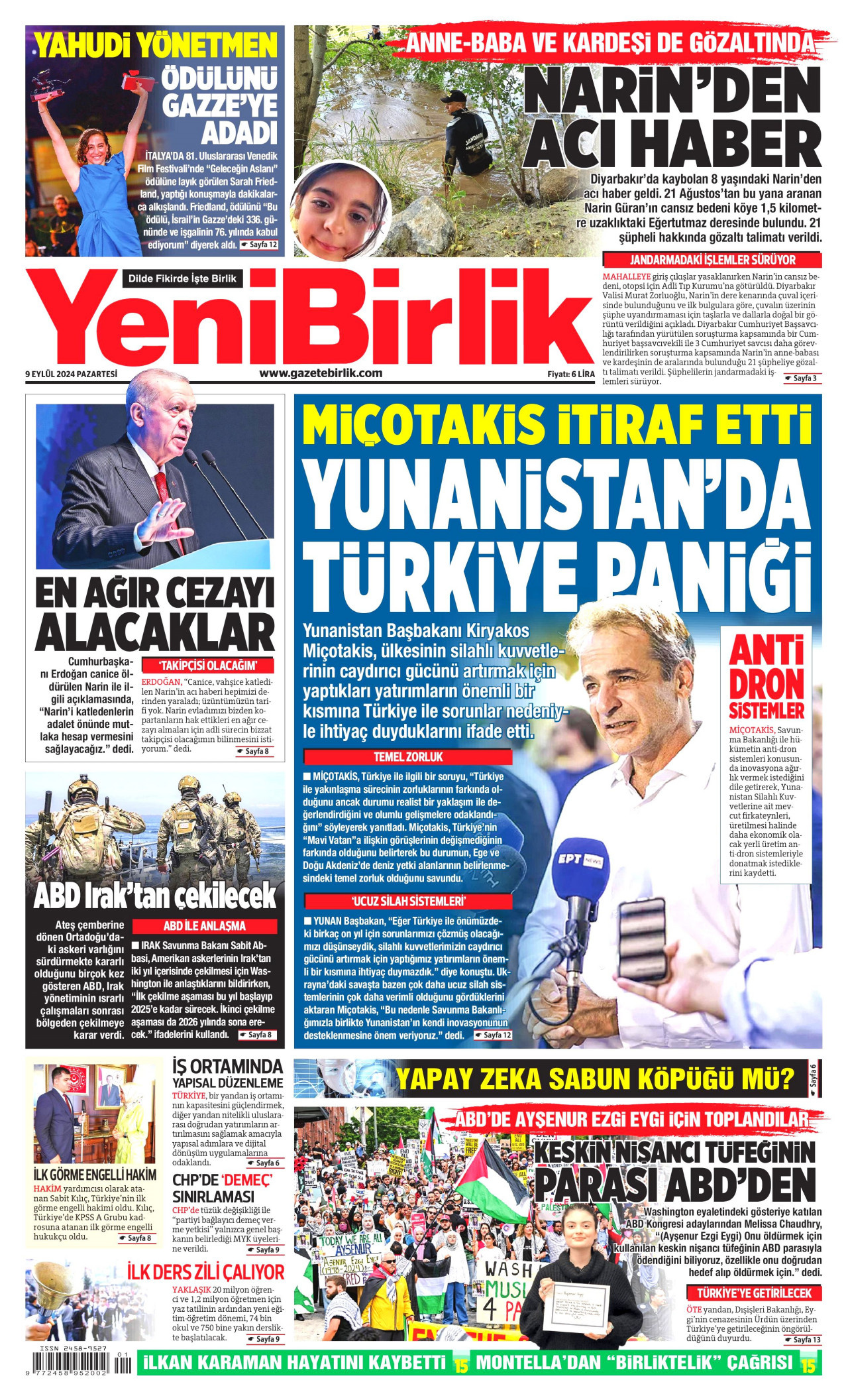 YENİBİRLİK gazetesinin 9 Eylül 2024 tarihli birinci sayfası