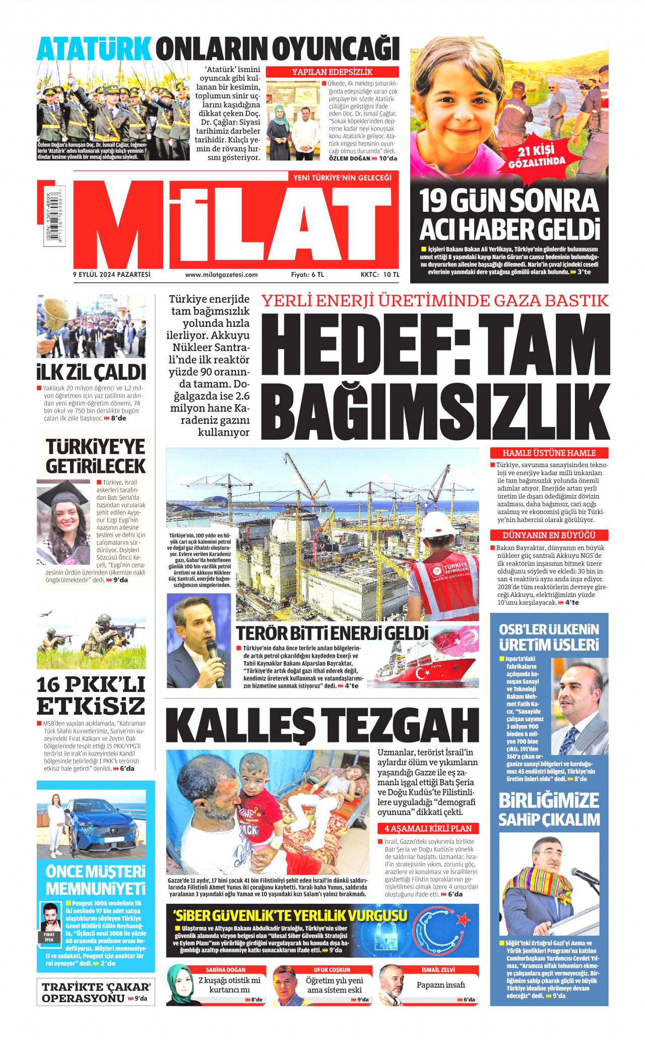 MİLAT gazetesinin 9 Eylül 2024 tarihli birinci sayfası