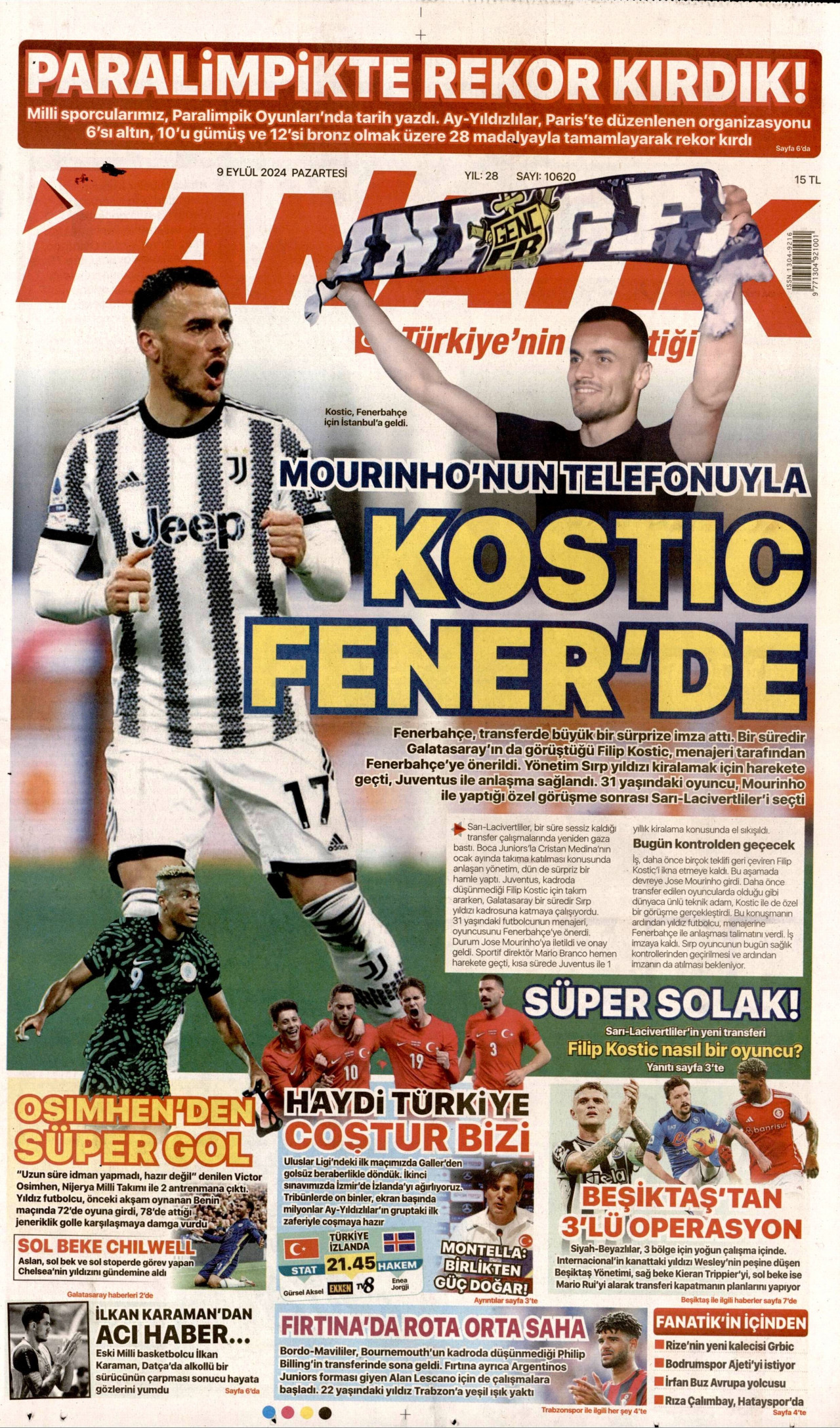FANATİK gazetesinin 9 Eylül 2024 tarihli birinci sayfası