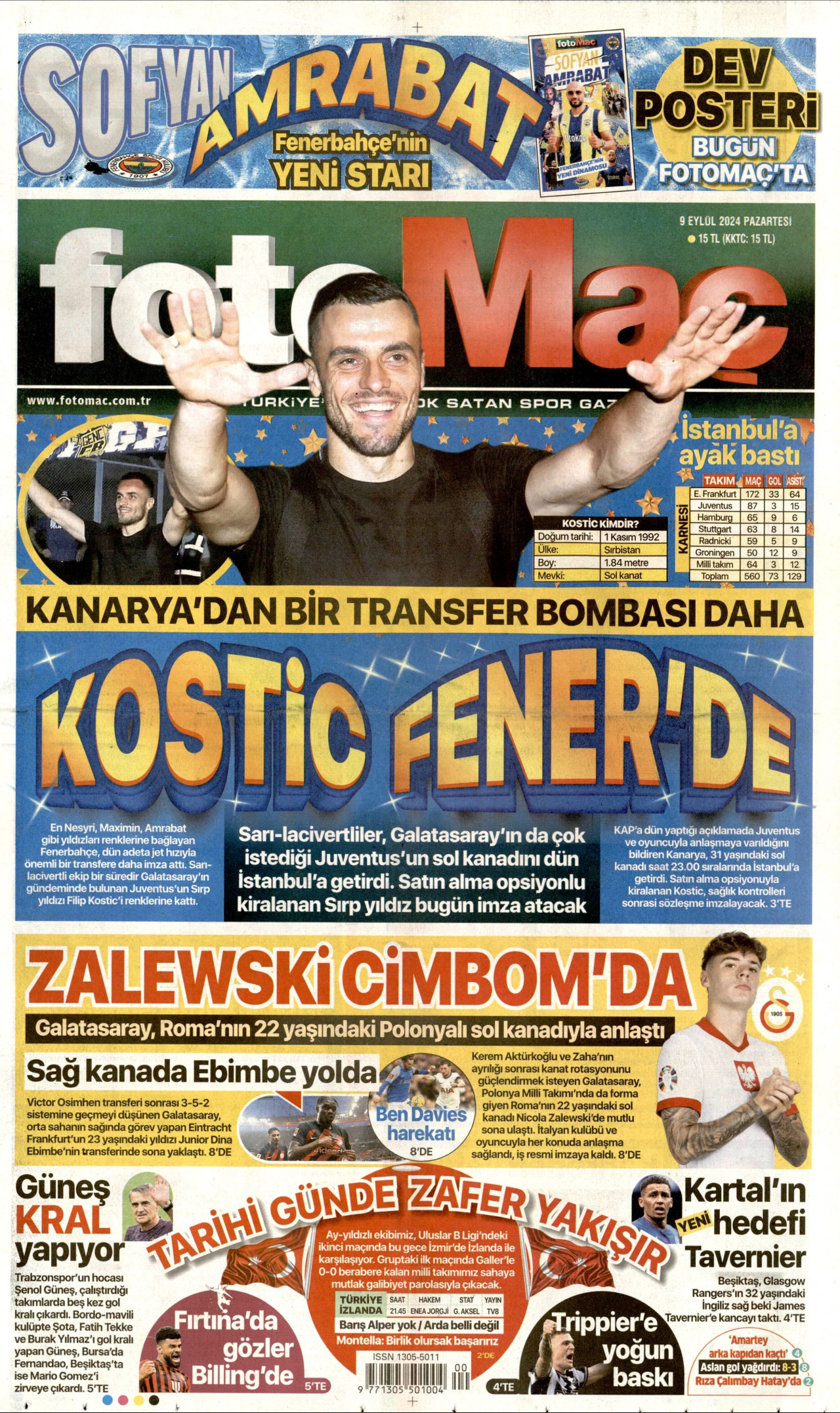 FOTOMAÇ gazetesinin 9 Eylül 2024 tarihli birinci sayfası