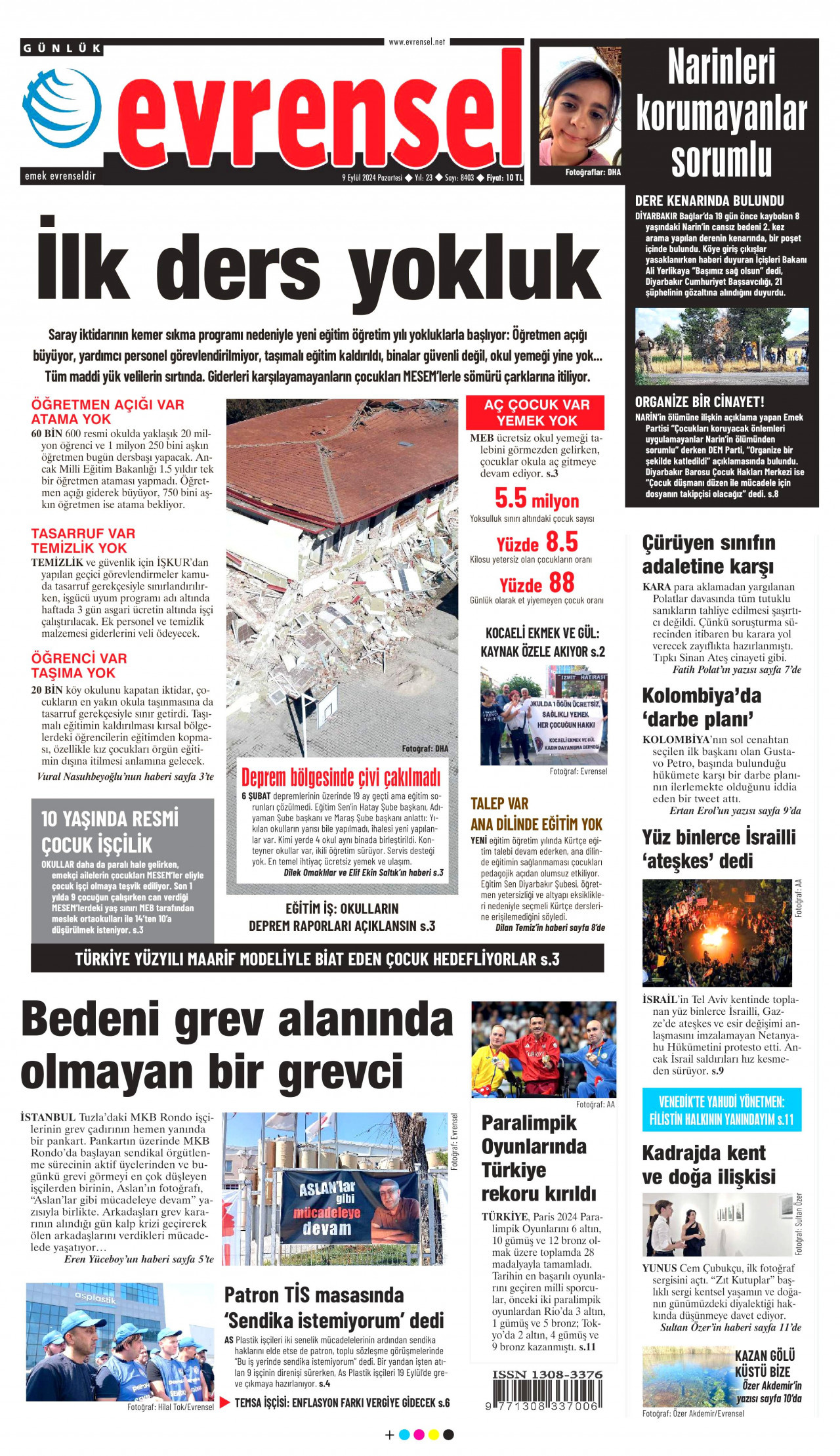 EVRENSEL gazetesinin 9 Eylül 2024 tarihli birinci sayfası