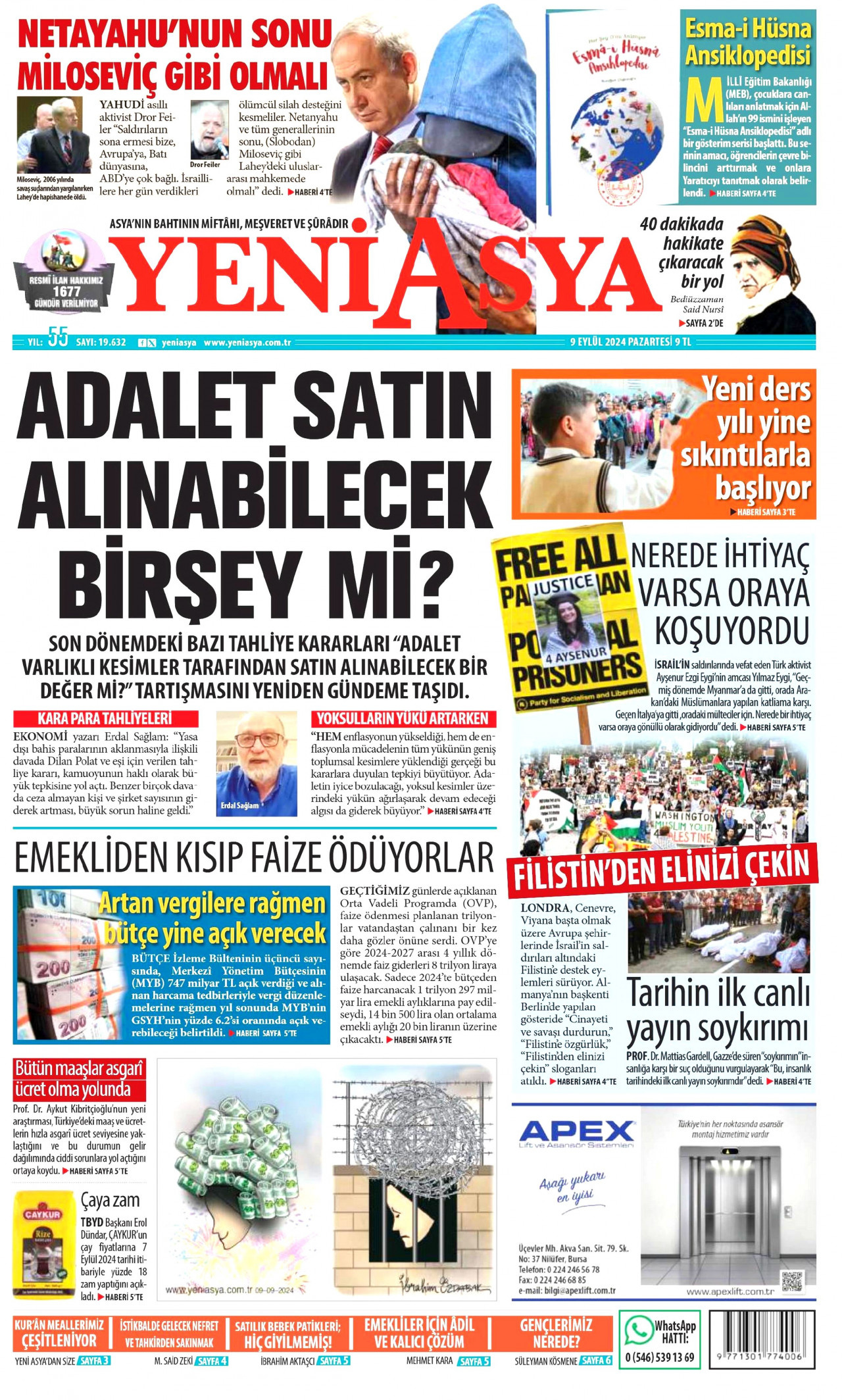 YENİ ASYA gazetesinin 9 Eylül 2024 tarihli birinci sayfası