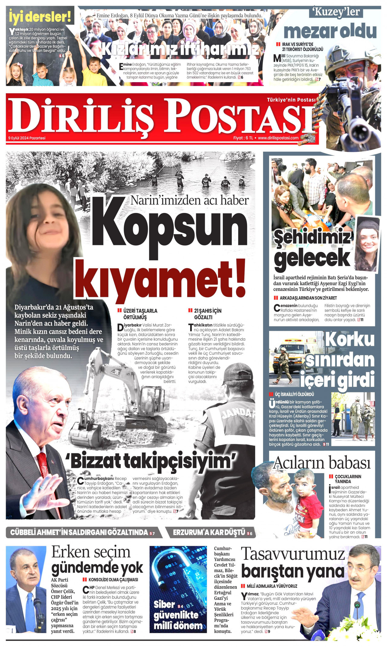 DİRİLİŞ POSTASI gazetesinin 9 Eylül 2024 tarihli birinci sayfası
