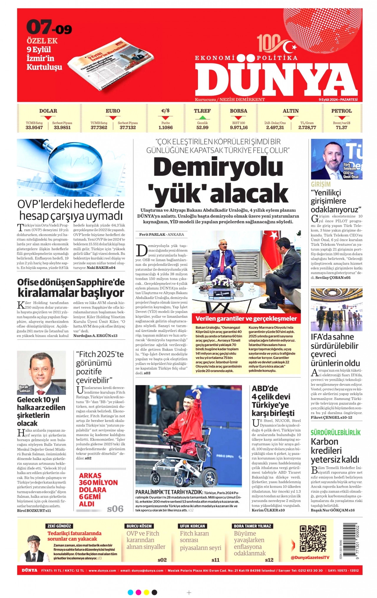 DÜNYA gazetesinin 9 Eylül 2024 tarihli birinci sayfası