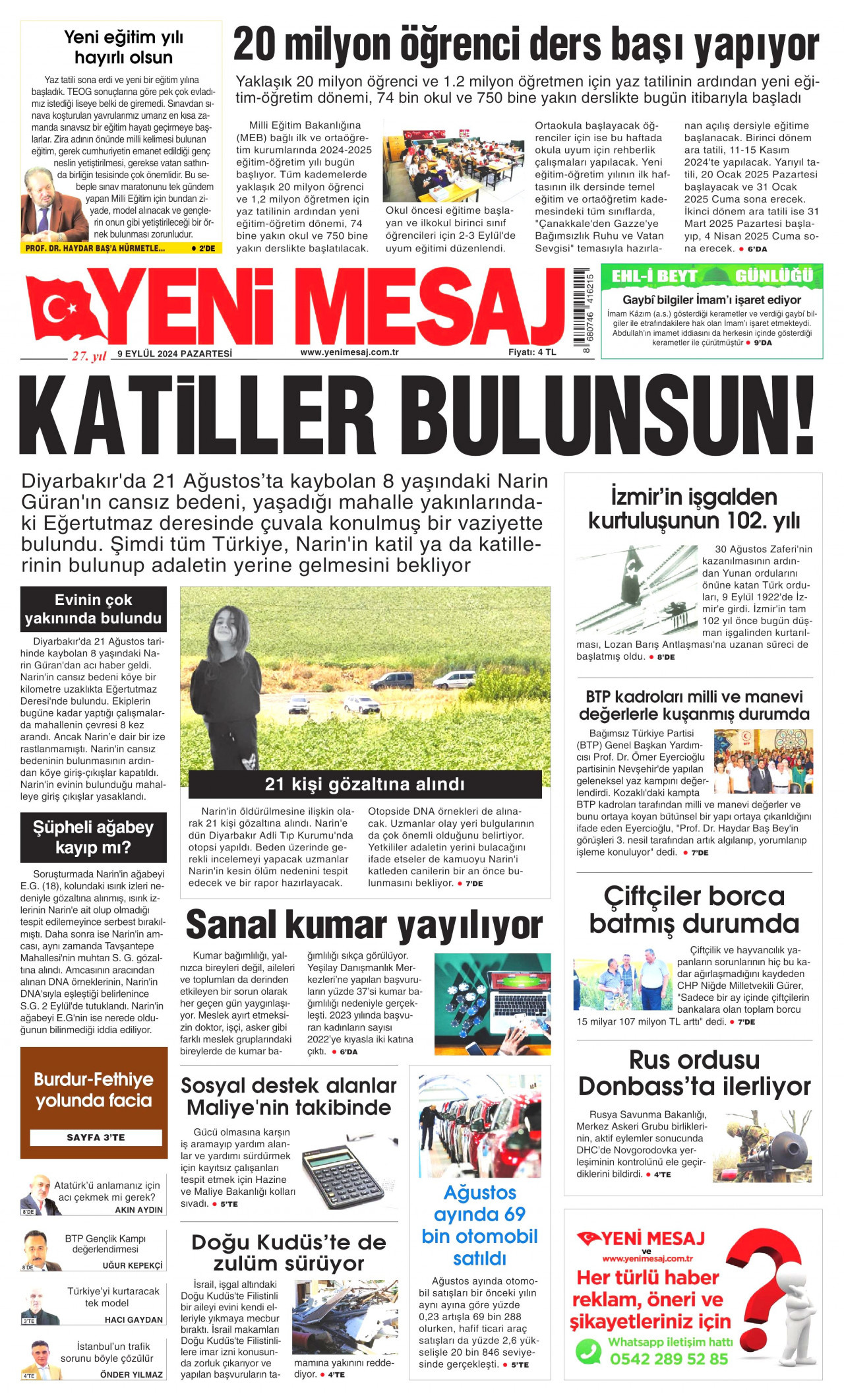 YENİ MESAJ gazetesinin 9 Eylül 2024 tarihli birinci sayfası