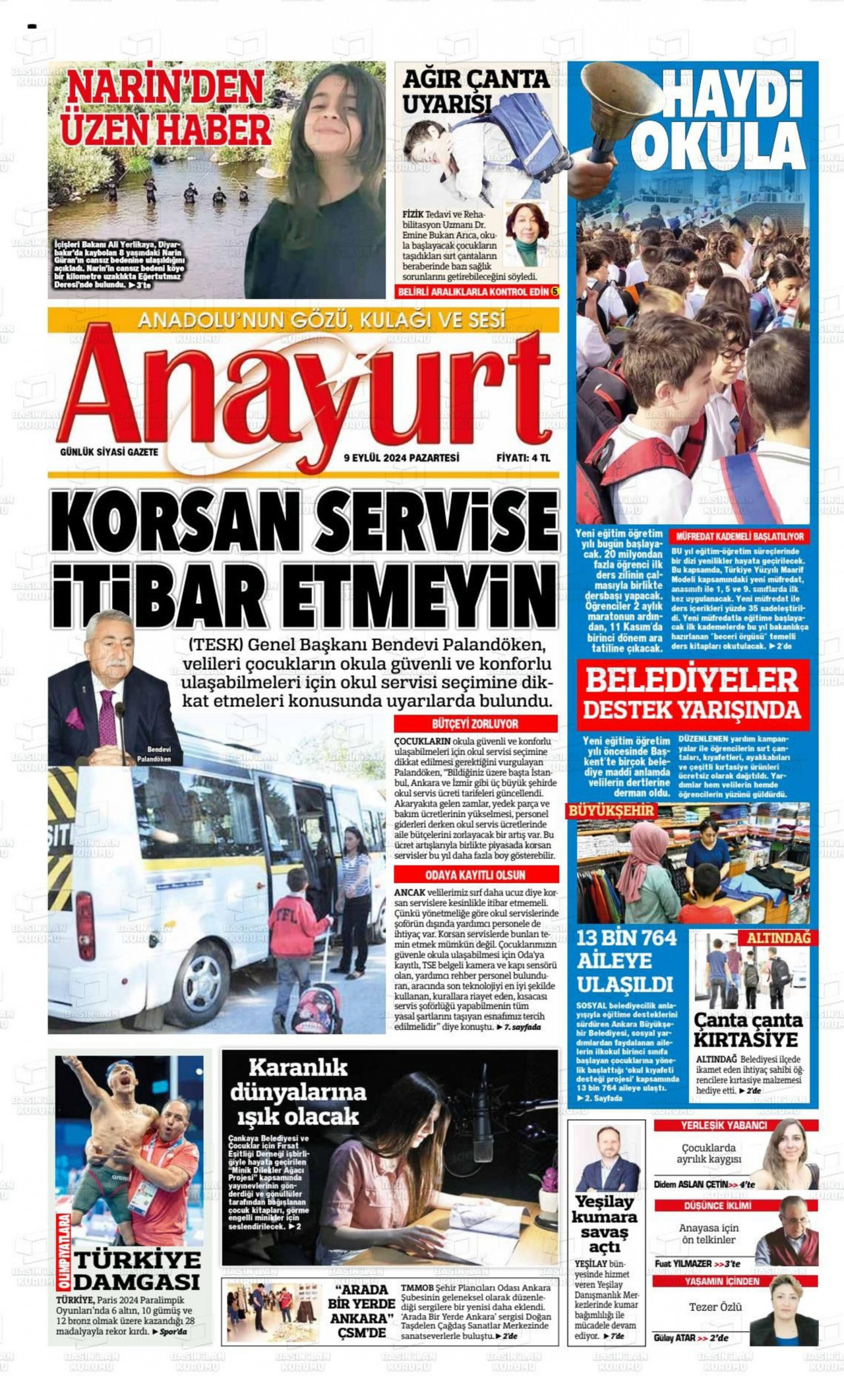 ANAYURT gazetesinin 9 Eylül 2024 tarihli birinci sayfası