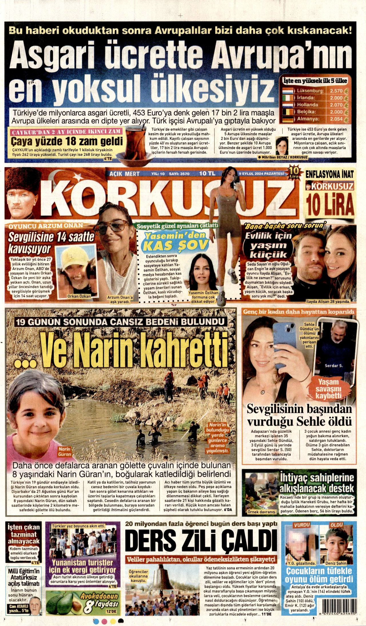 KORKUSUZ gazetesinin 9 Eylül 2024 tarihli birinci sayfası