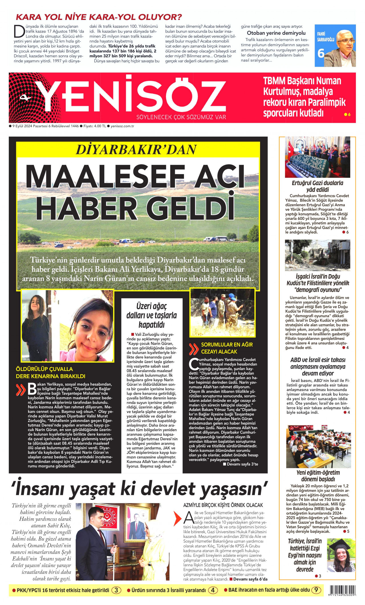 YENİ SÖZ GAZETESİ gazetesinin 9 Eylül 2024 tarihli birinci sayfası
